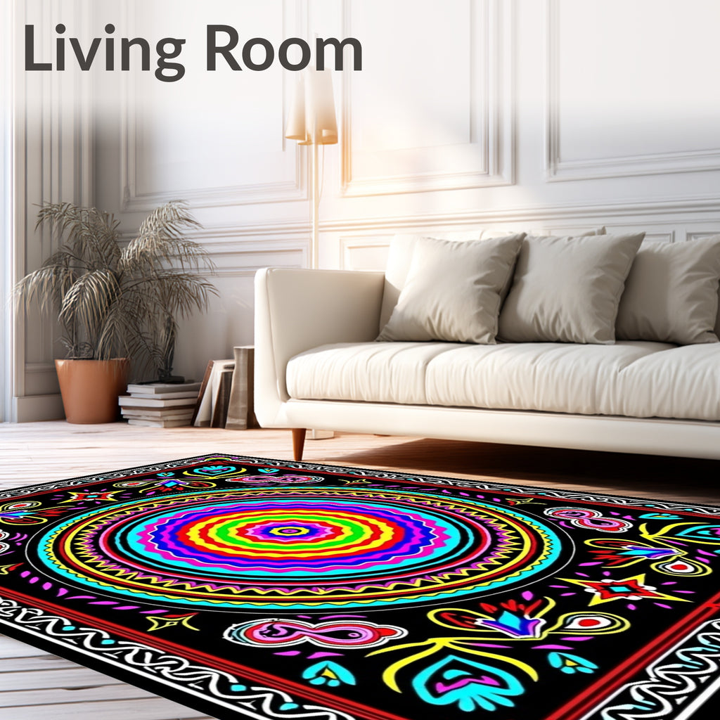 Vibrant Rainbow Medallion Floral Border Rug