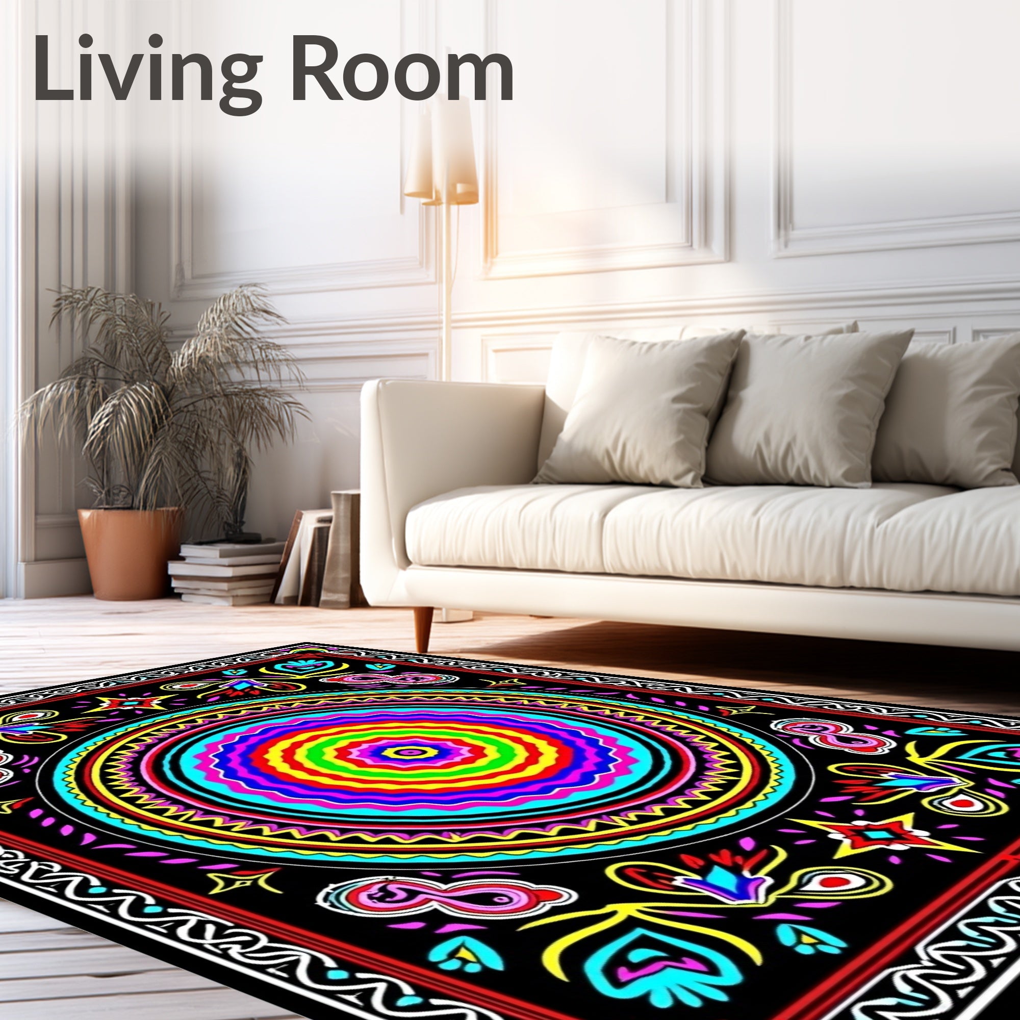 Vibrant Rainbow Medallion Floral Border Rug