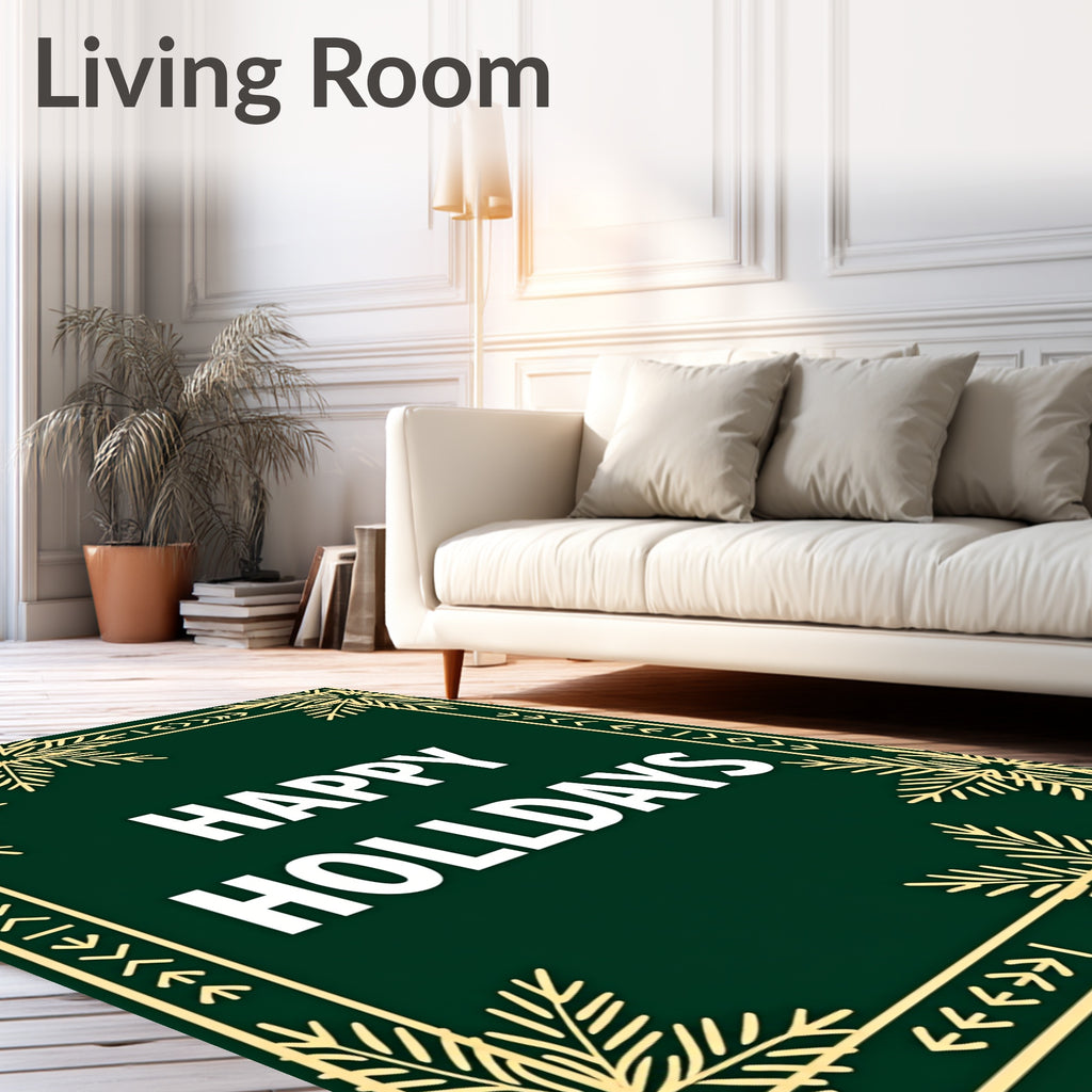 Golden Snowflake Green Holiday Border Rug