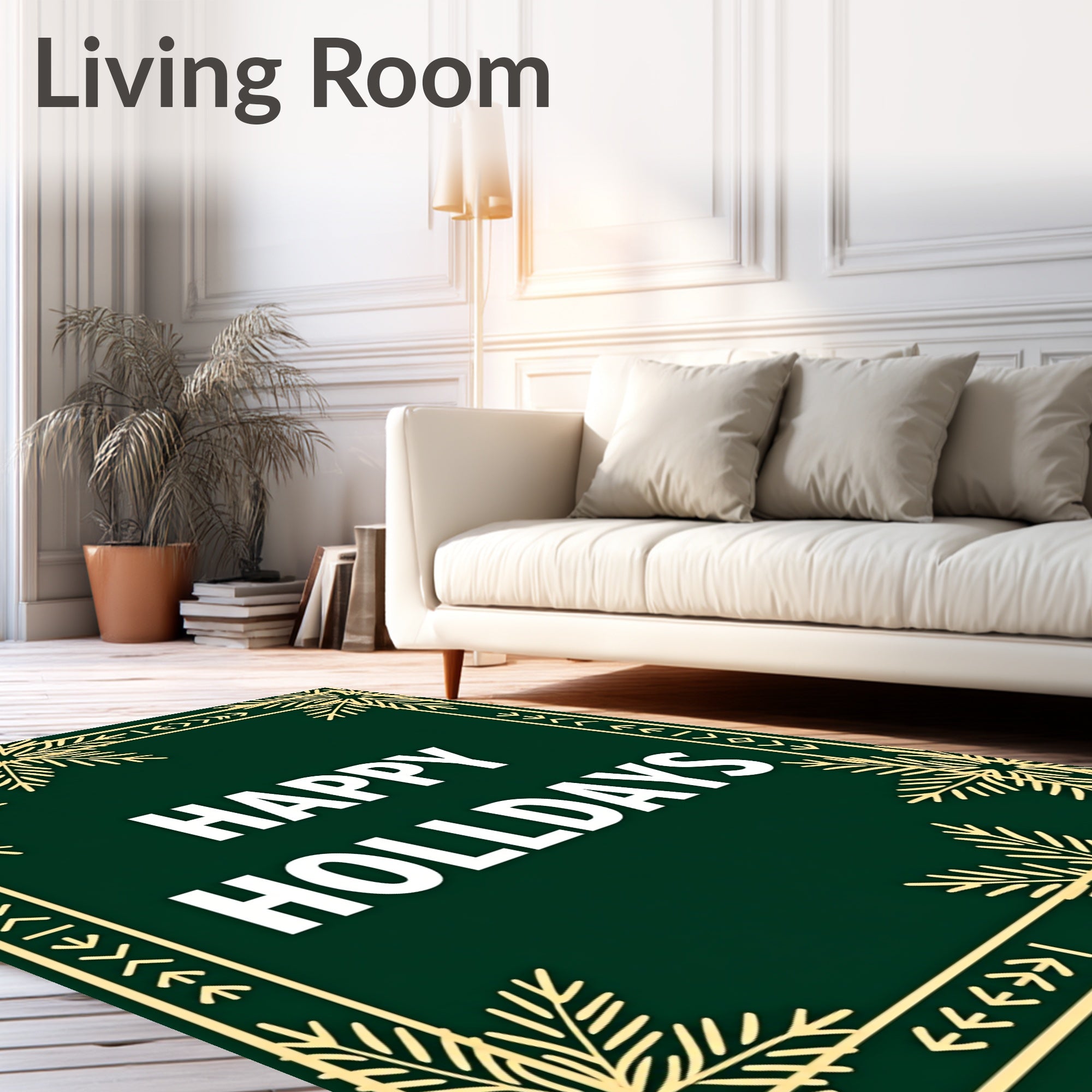 Golden Snowflake Green Holiday Border Rug