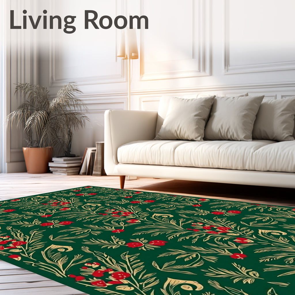 Deep Emerald Red Berry Floral Branches Rug