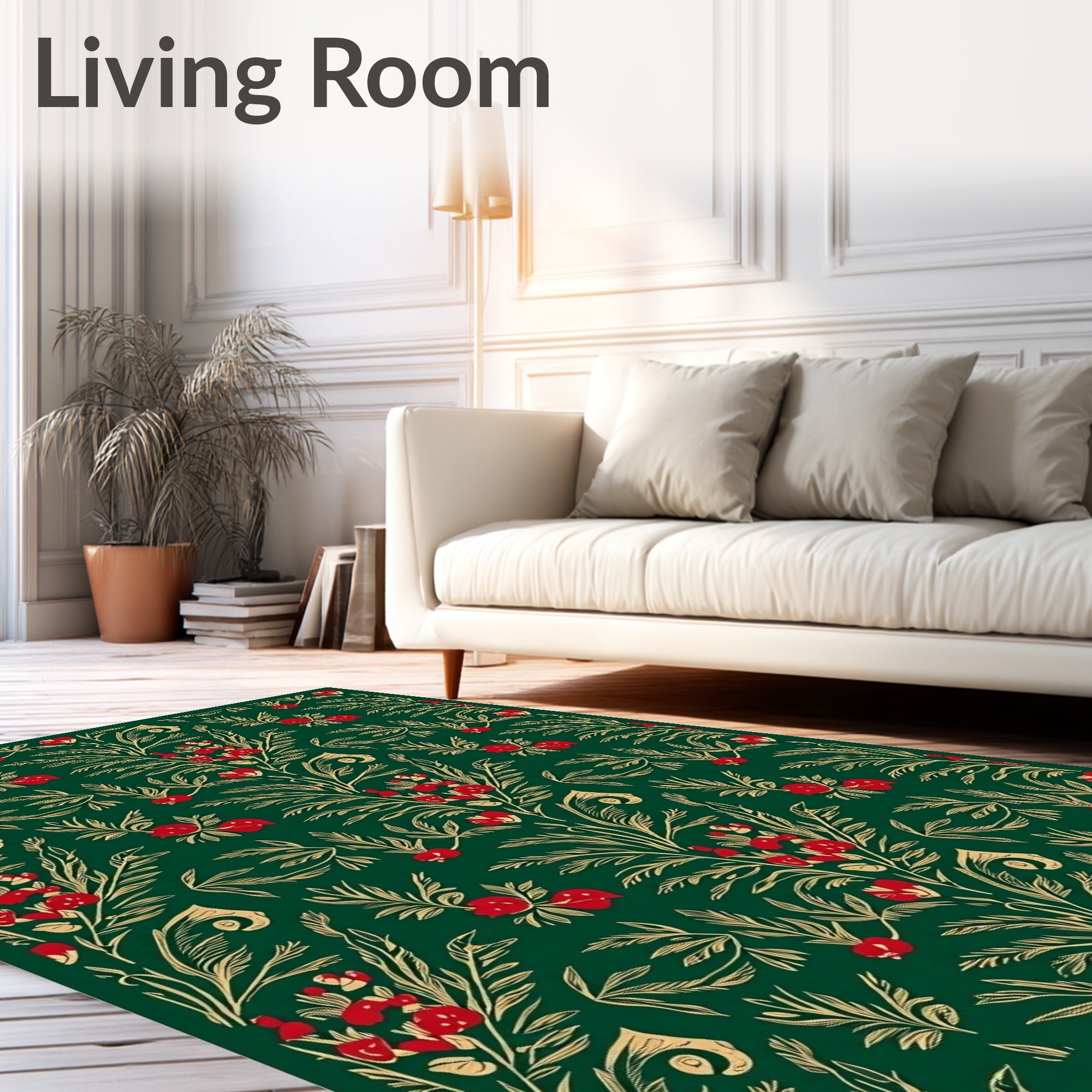 Deep Emerald Red Berry Floral Branches Rug