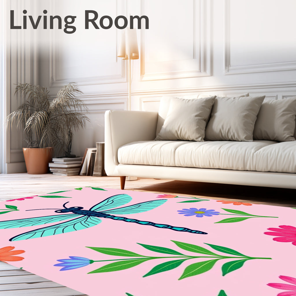 Aqua Dragonfly Pink Floral Garden Rug
