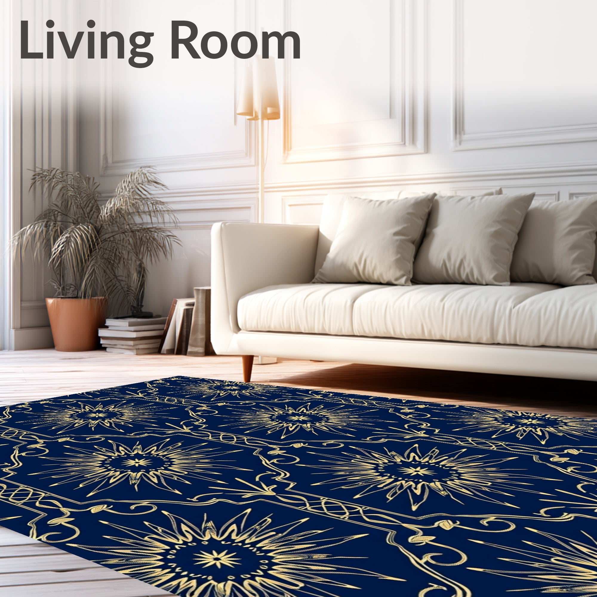 Golden Sunburst Art Deco Navy Rug