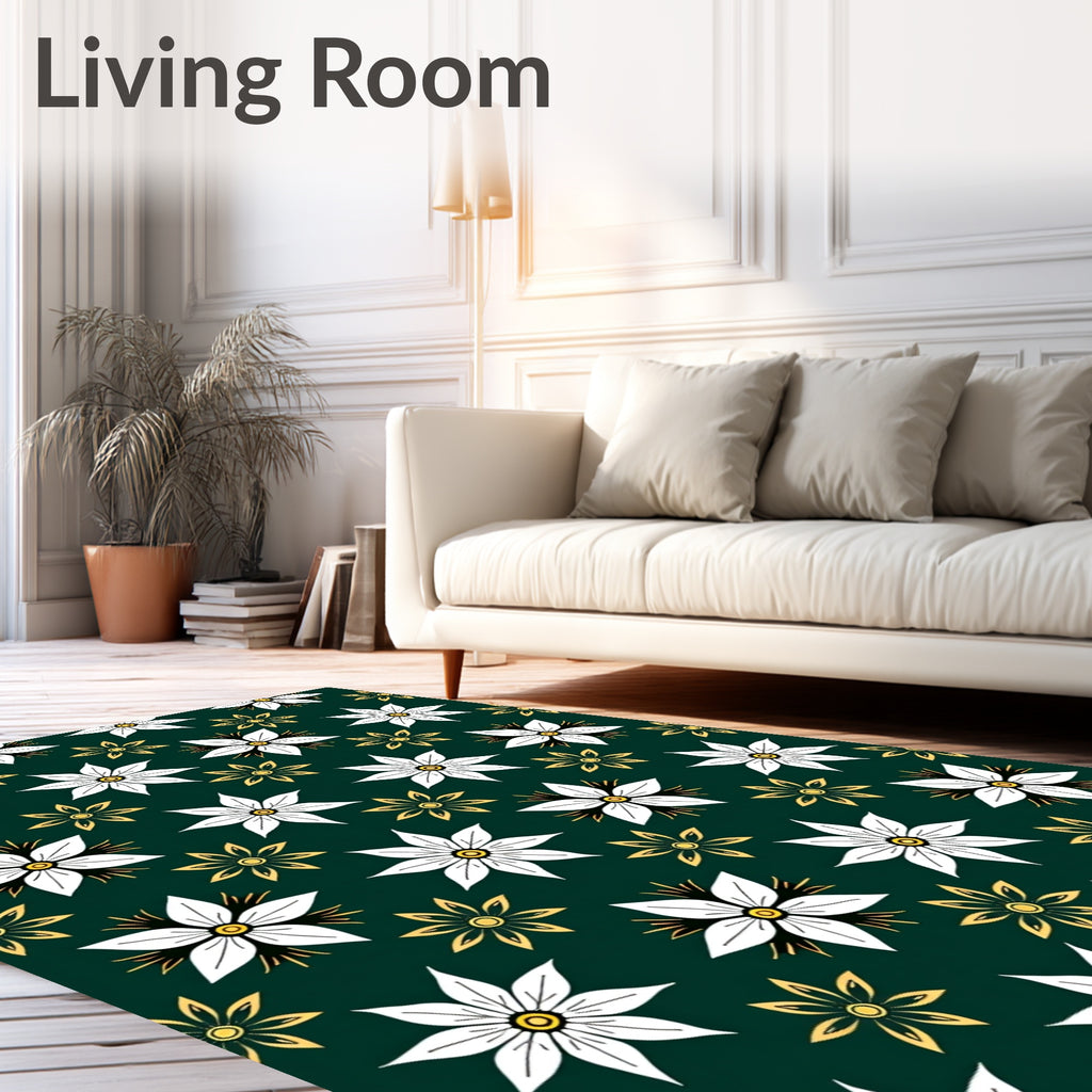 Dark Green White Yellow Floral Garland Rug