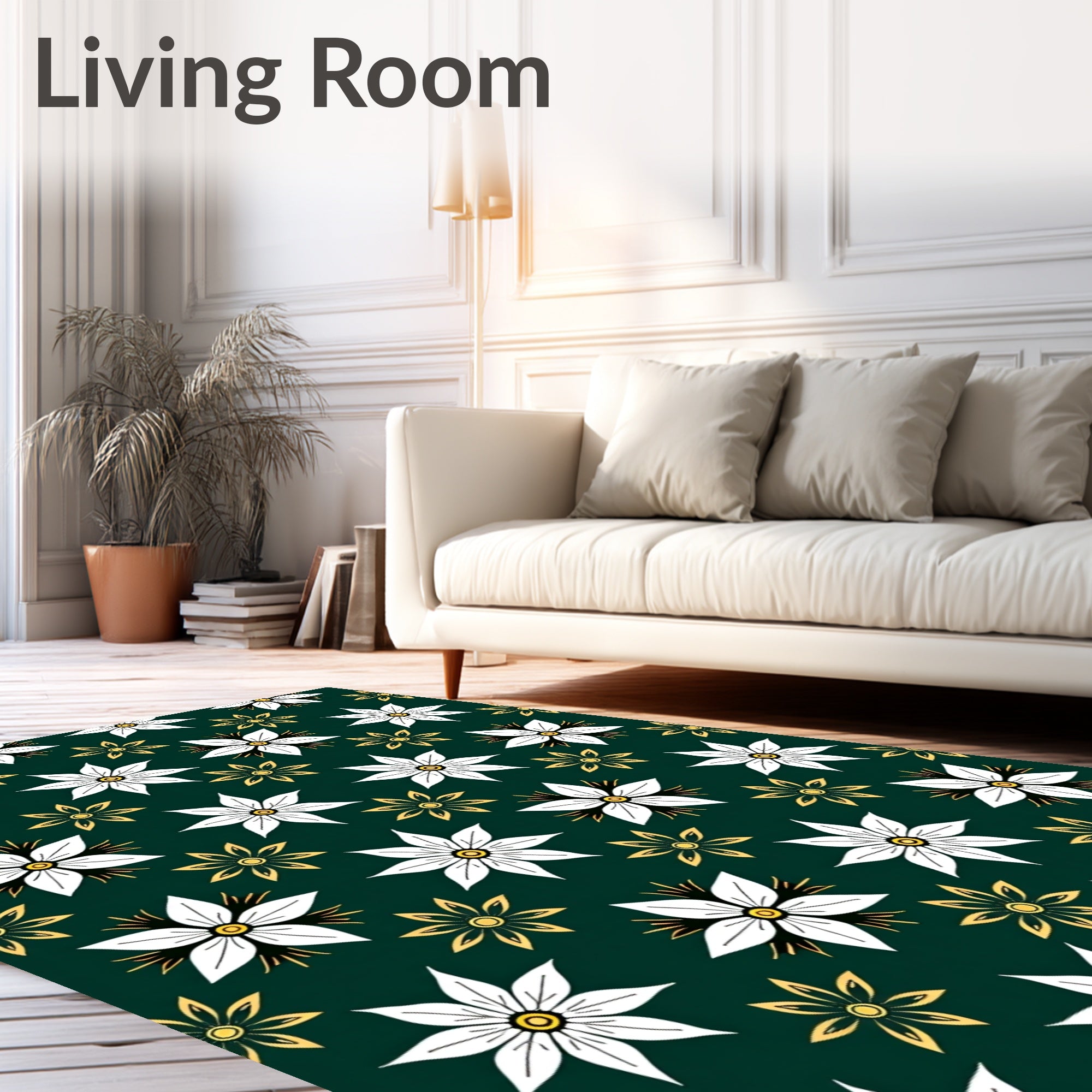 Dark Green White Yellow Floral Garland Rug