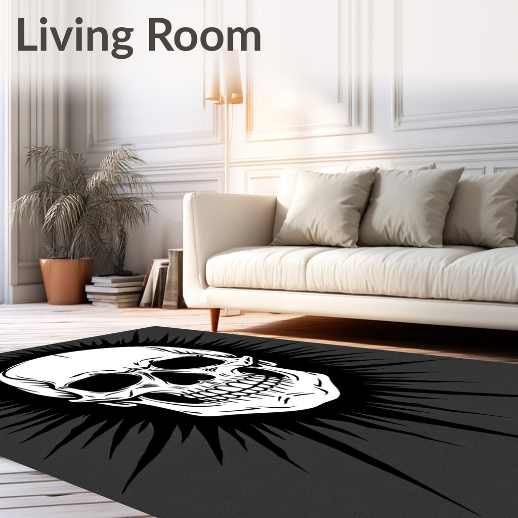 White Skull Sunburst Black Rug