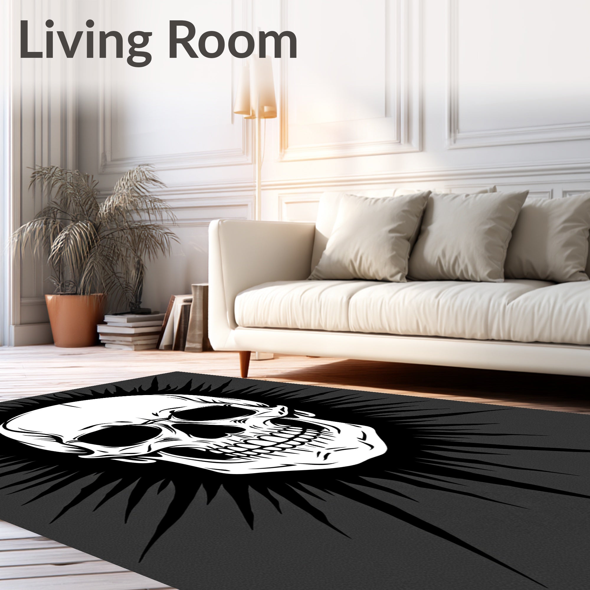 White Skull Sunburst Black Rug