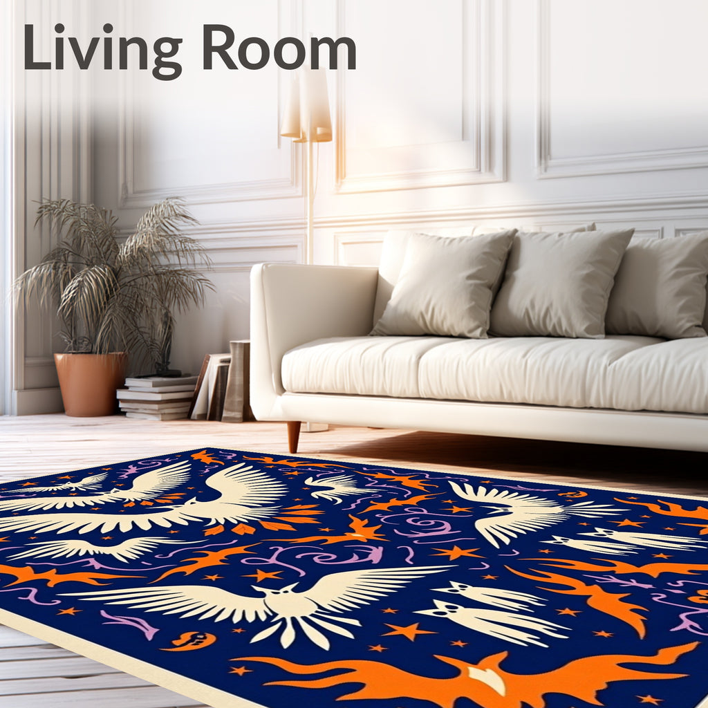 Dark Blue Cream Orange Owl Mandala Rug
