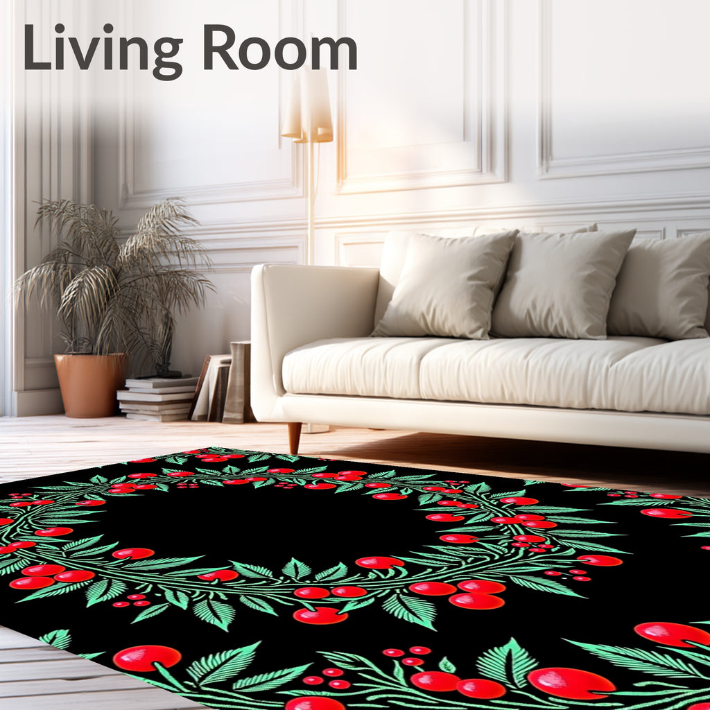 Red Cherry Garland Black Ground Rug