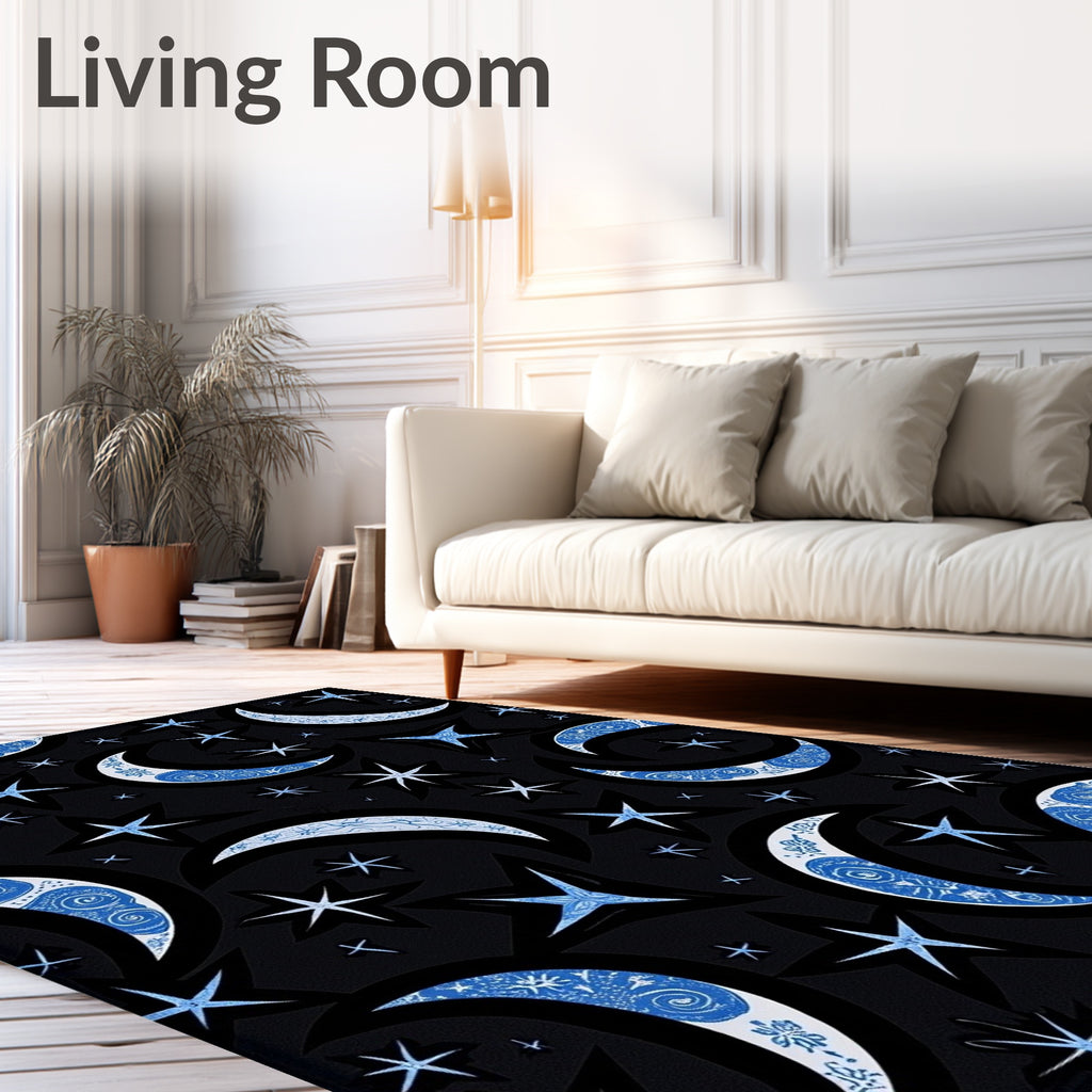 Blue Crescent Moon Stars Celestial Rug