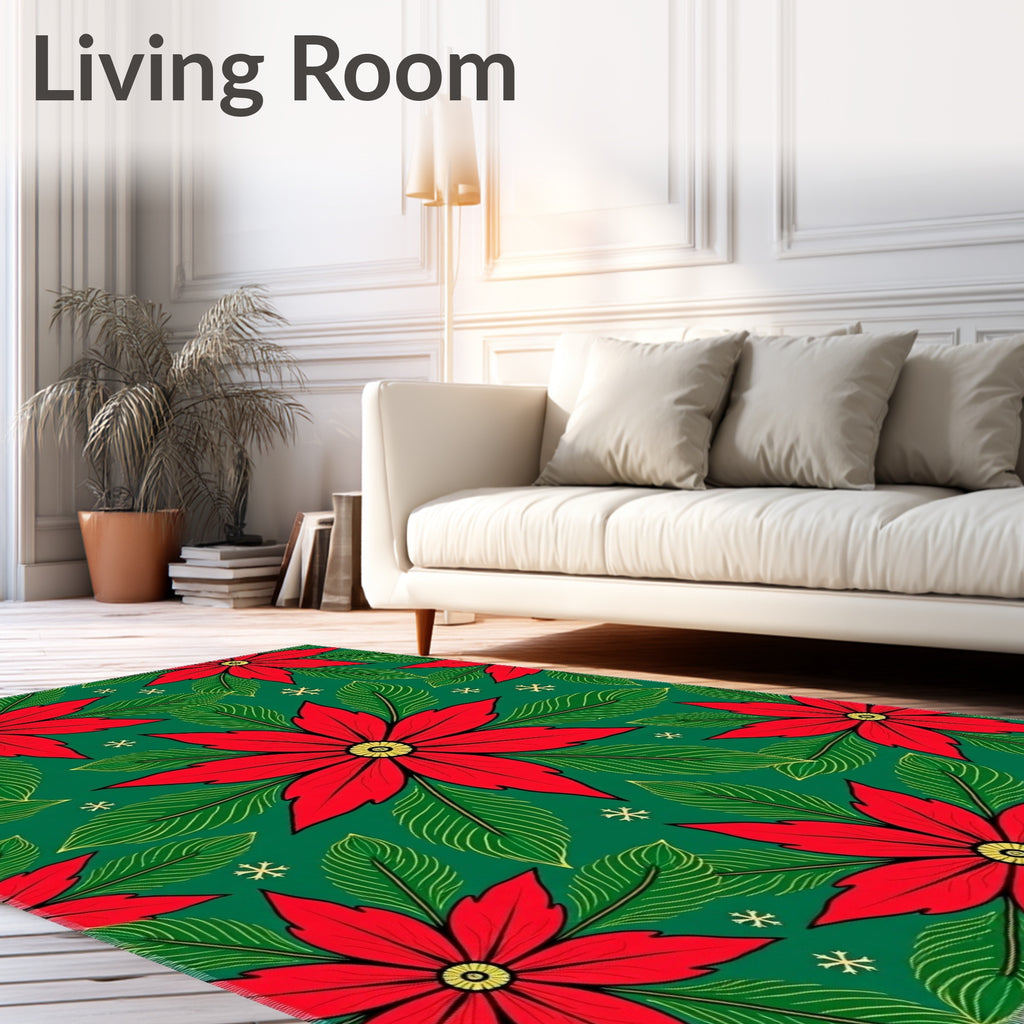 Bold Red Poinsettia Green Snowflakes Rug