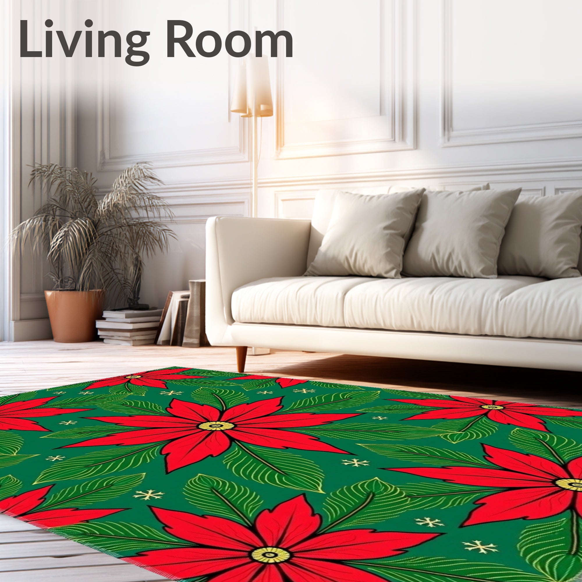 Bold Red Poinsettia Green Snowflakes Rug