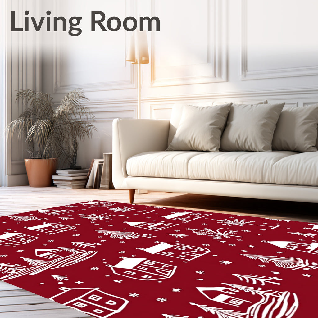 Winter Village Red White Landscape Rug