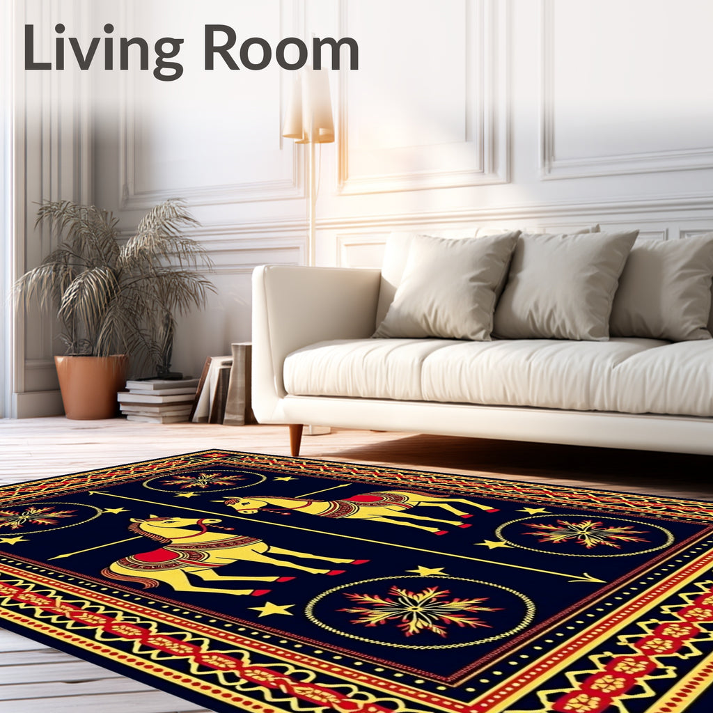 Golden Horses Red Saddle Medallion Border Rug