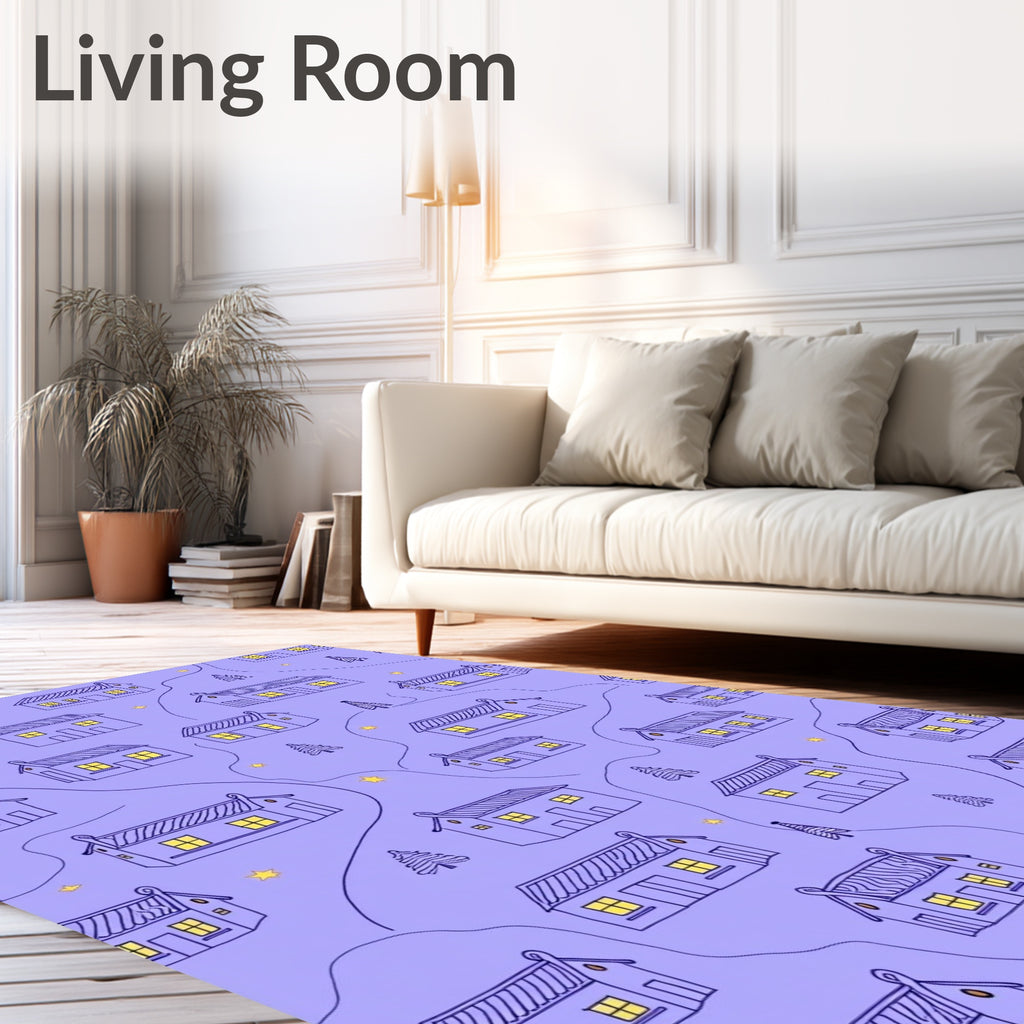 Cozy Blue Houses Starry Night Rug
