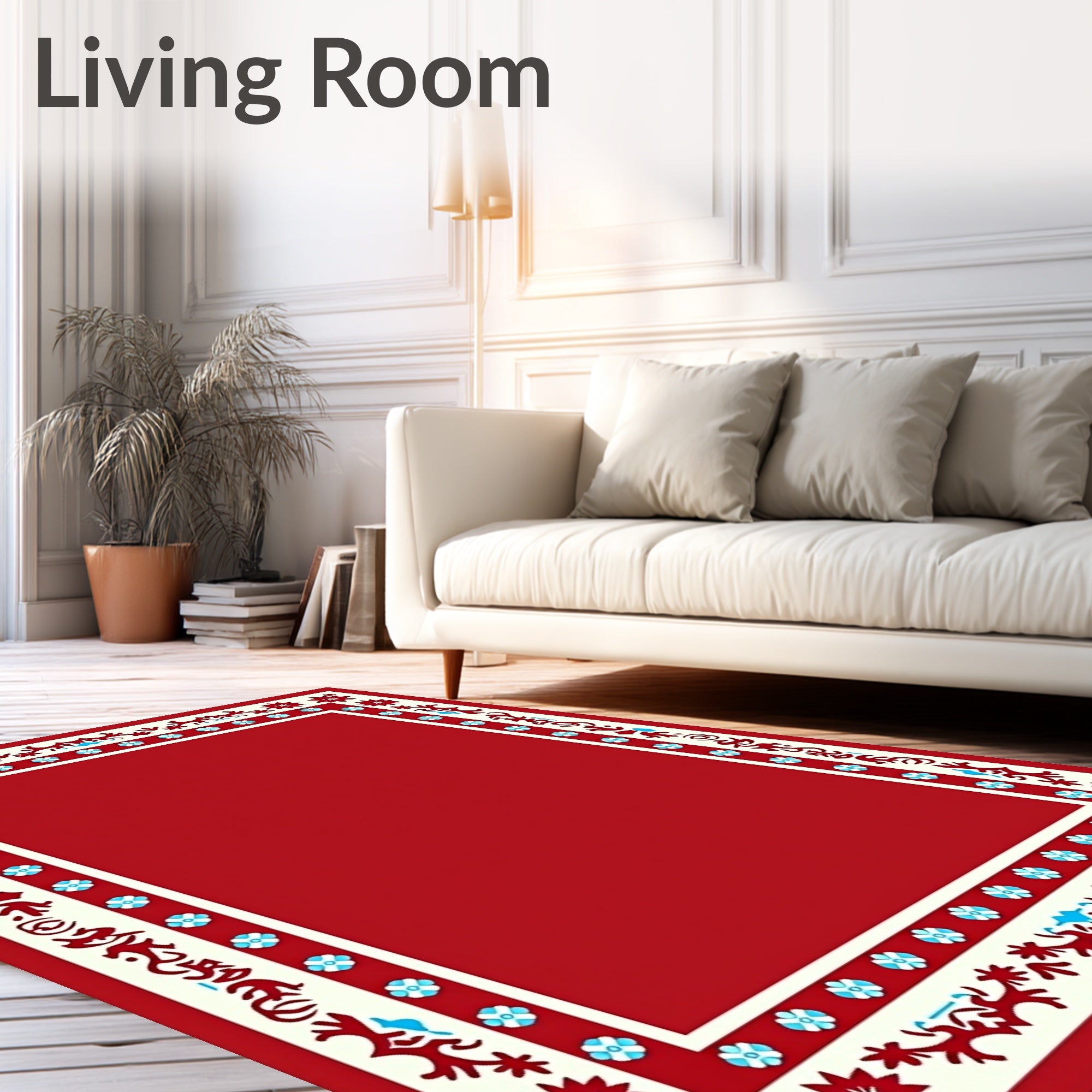 Crimson Cream Geometric Floral Border Rug