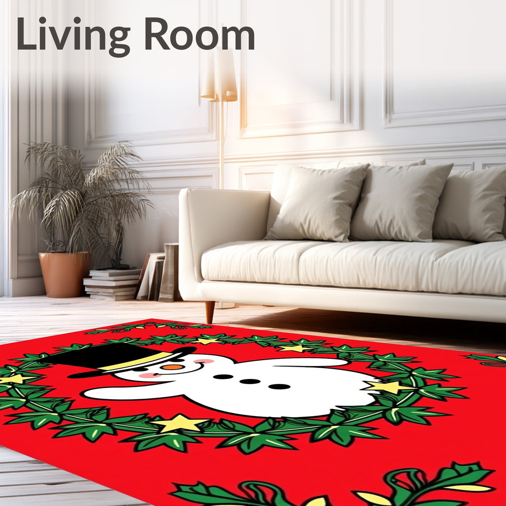 Merry Snowman Waving Wreath Red Rug