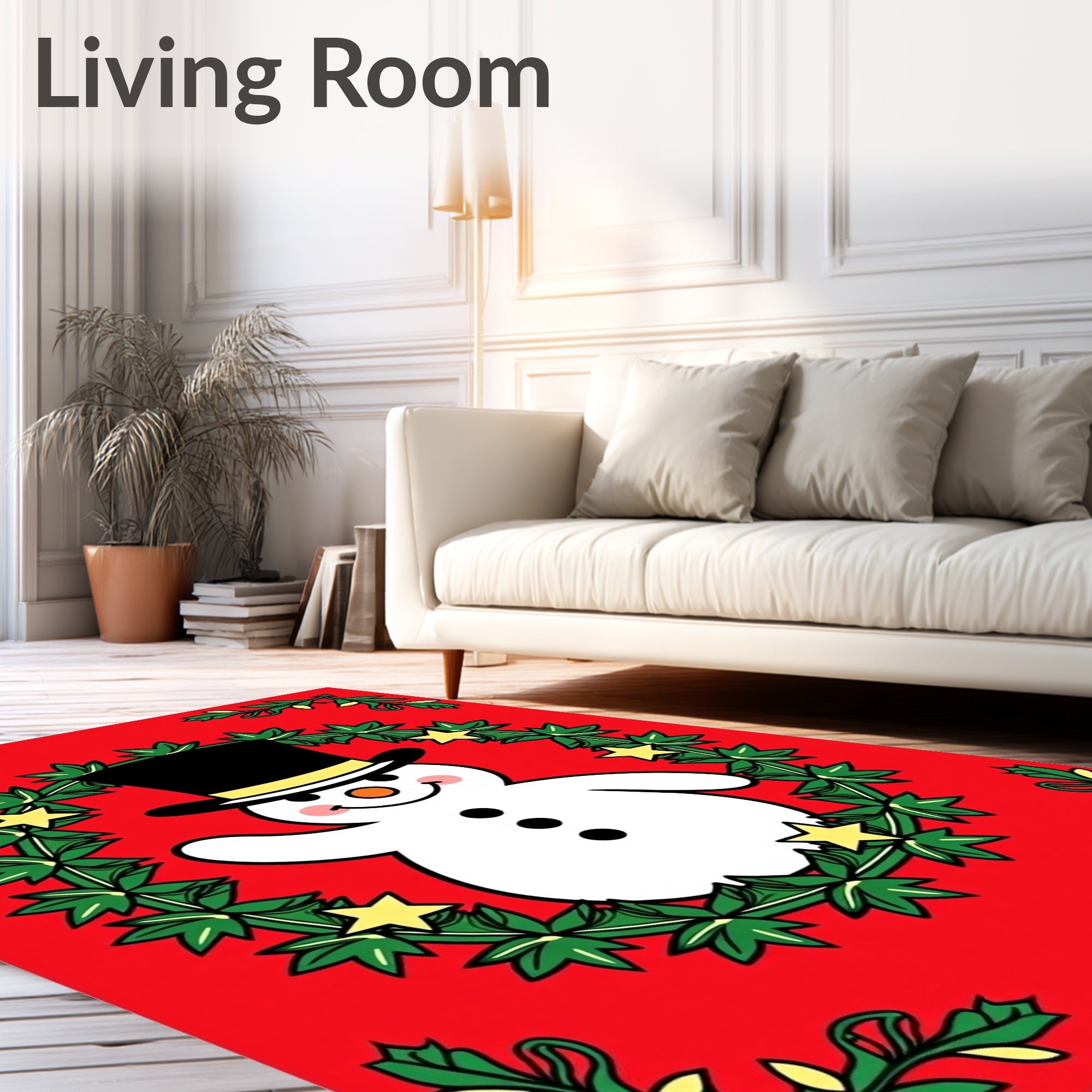 Merry Snowman Waving Wreath Red Rug