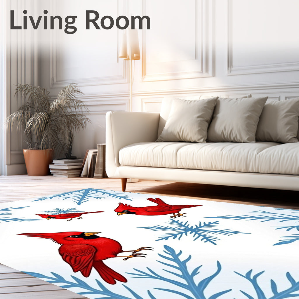 Red Cardinals Blue Snowflakes Winter Scene Rug