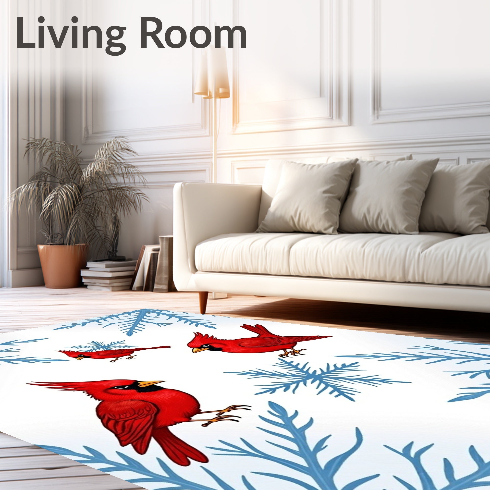 Red Cardinals Blue Snowflakes Winter Scene Rug