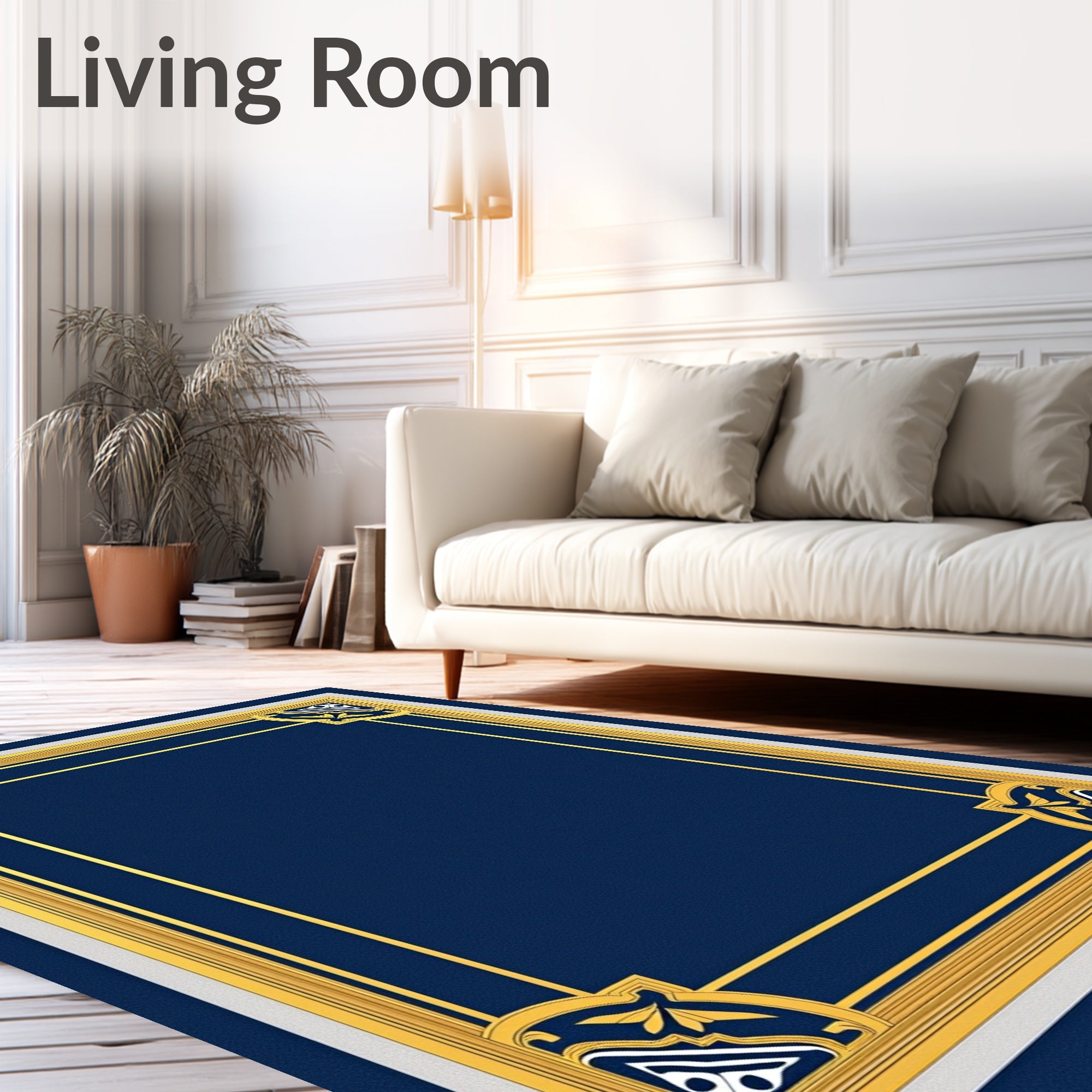 Ornate Gold Navy Blue Framed Rug