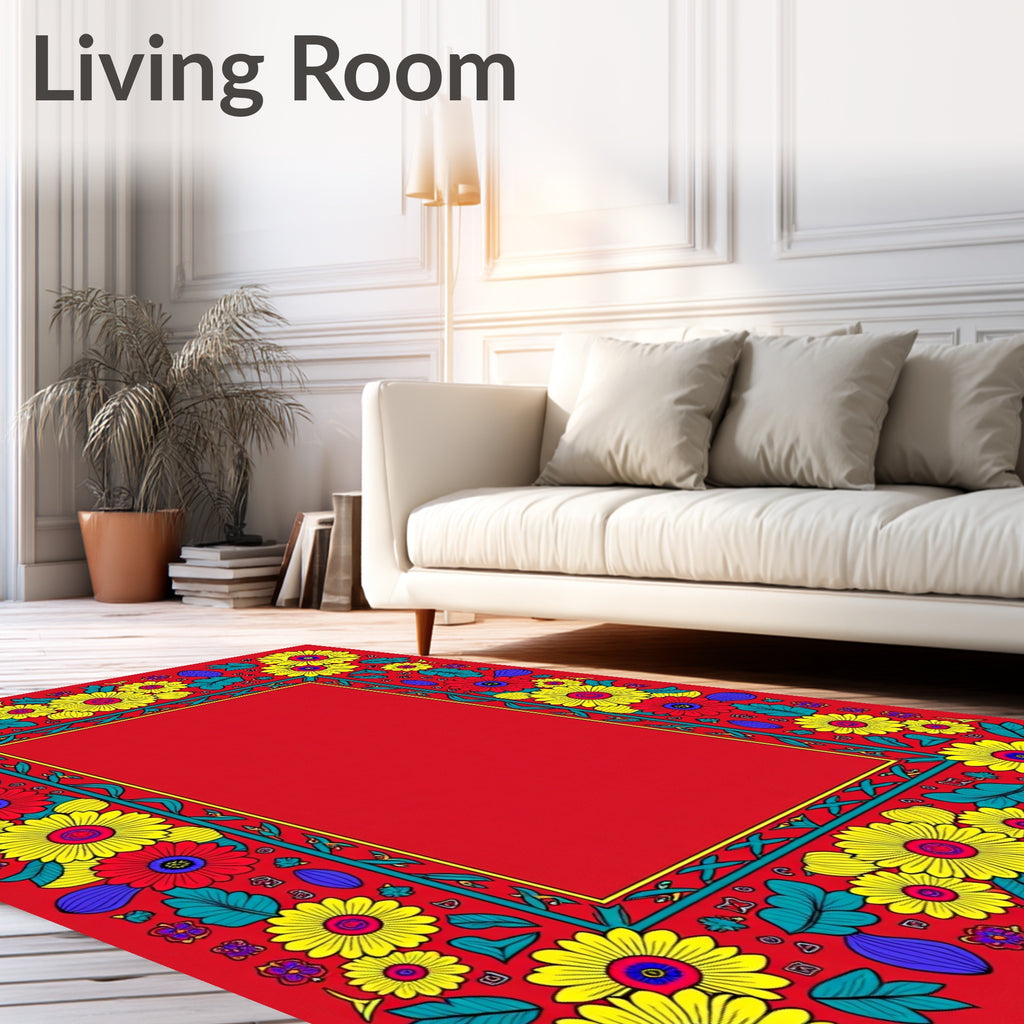 Vibrant Red Floral Border Sunburst Rug