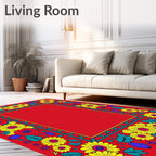 Vibrant Red Floral Border Sunburst Rug