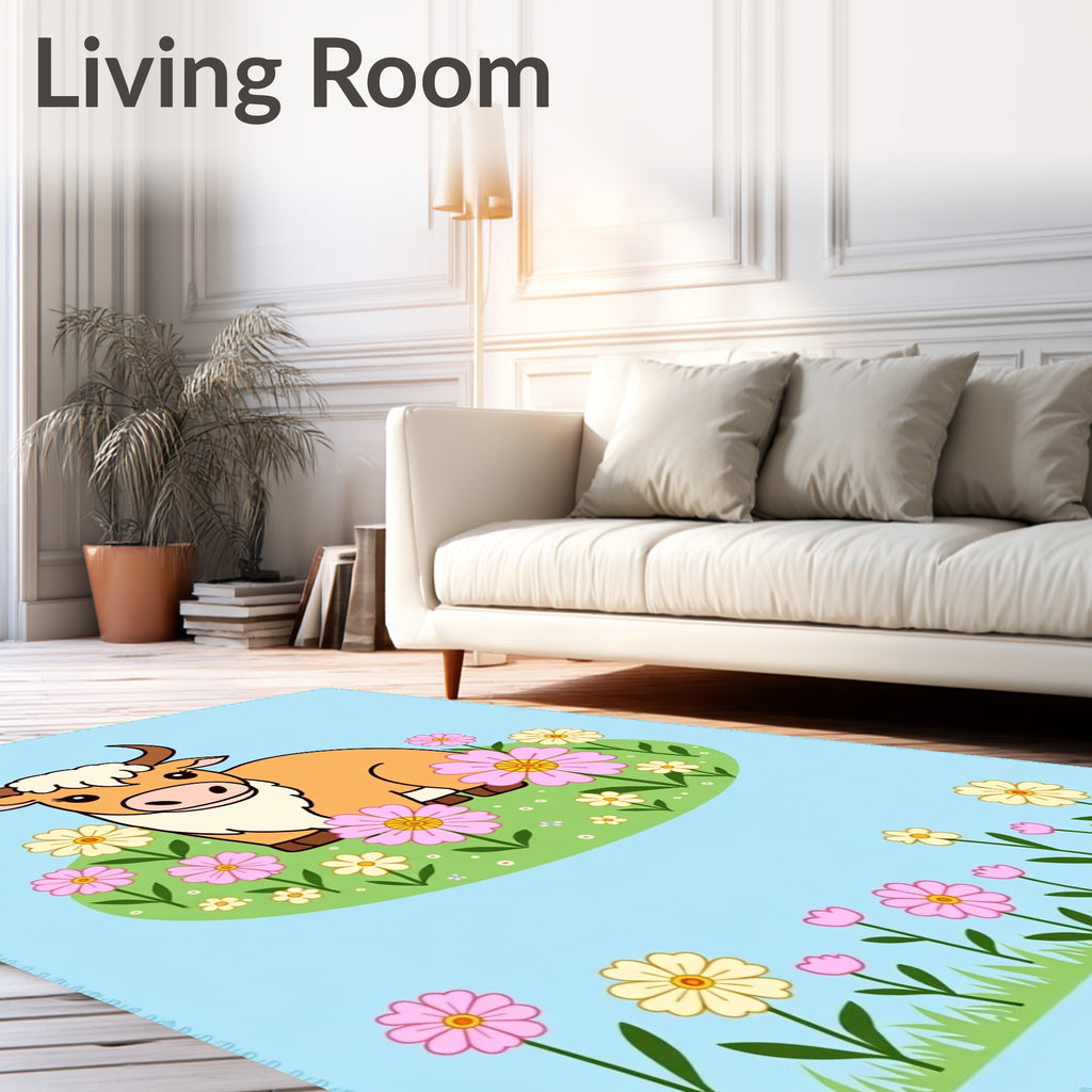 Whimsical Highland Cow Floral Meadow Rug
