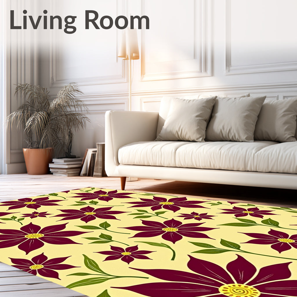 Maroon Floral Scatter Yellow Background Rug