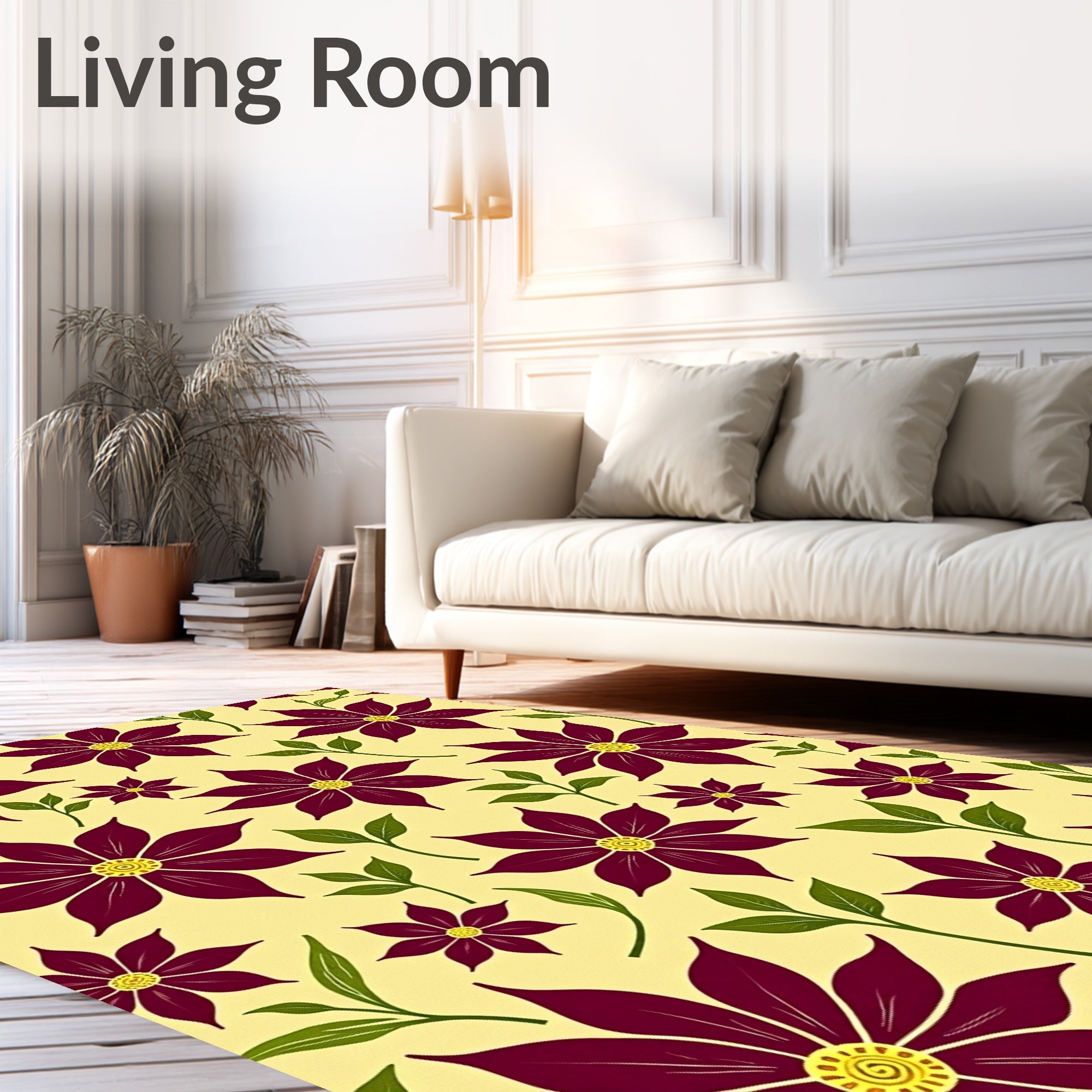 Maroon Floral Scatter Yellow Background Rug