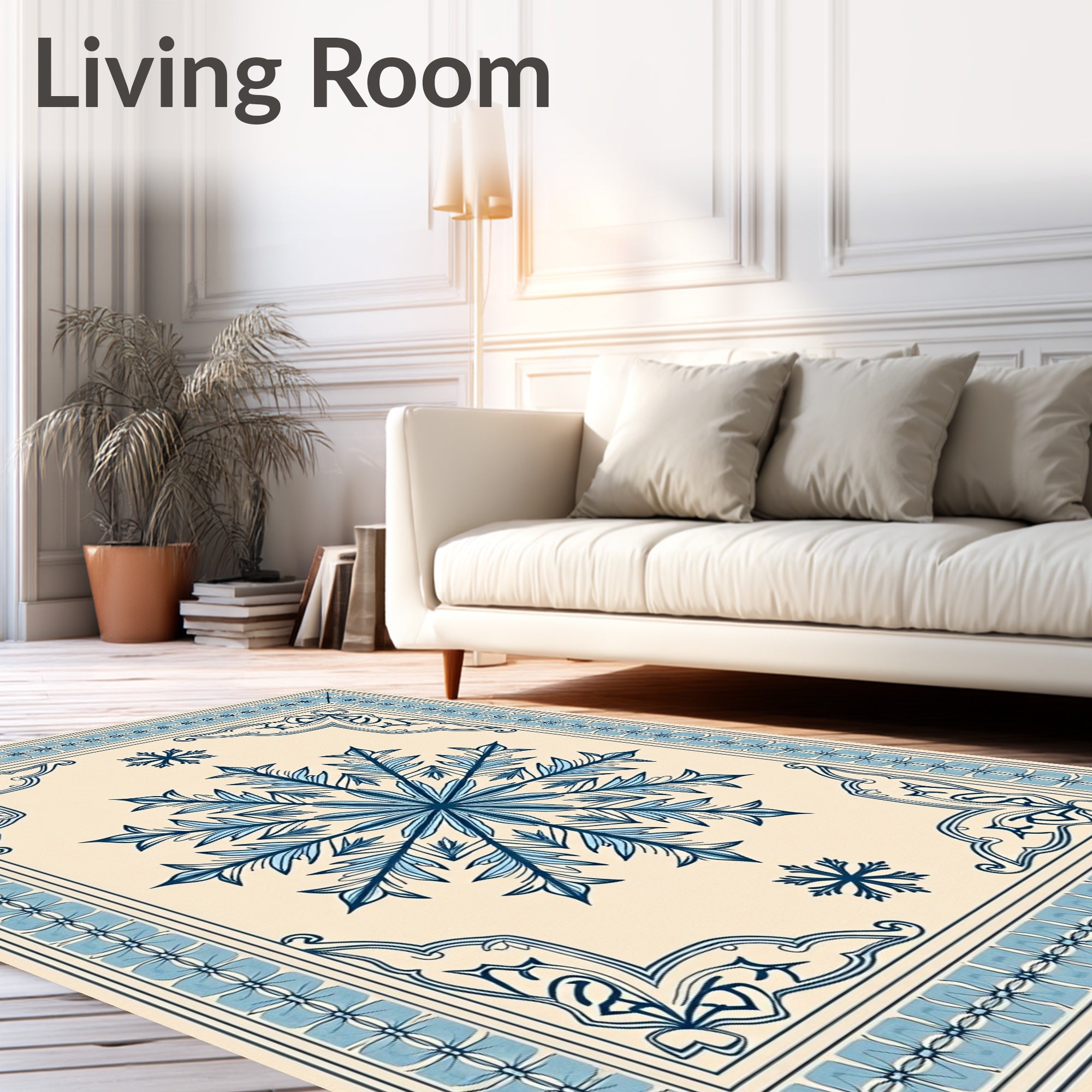 Elegant Blue Snowflake Medallion Border Rug