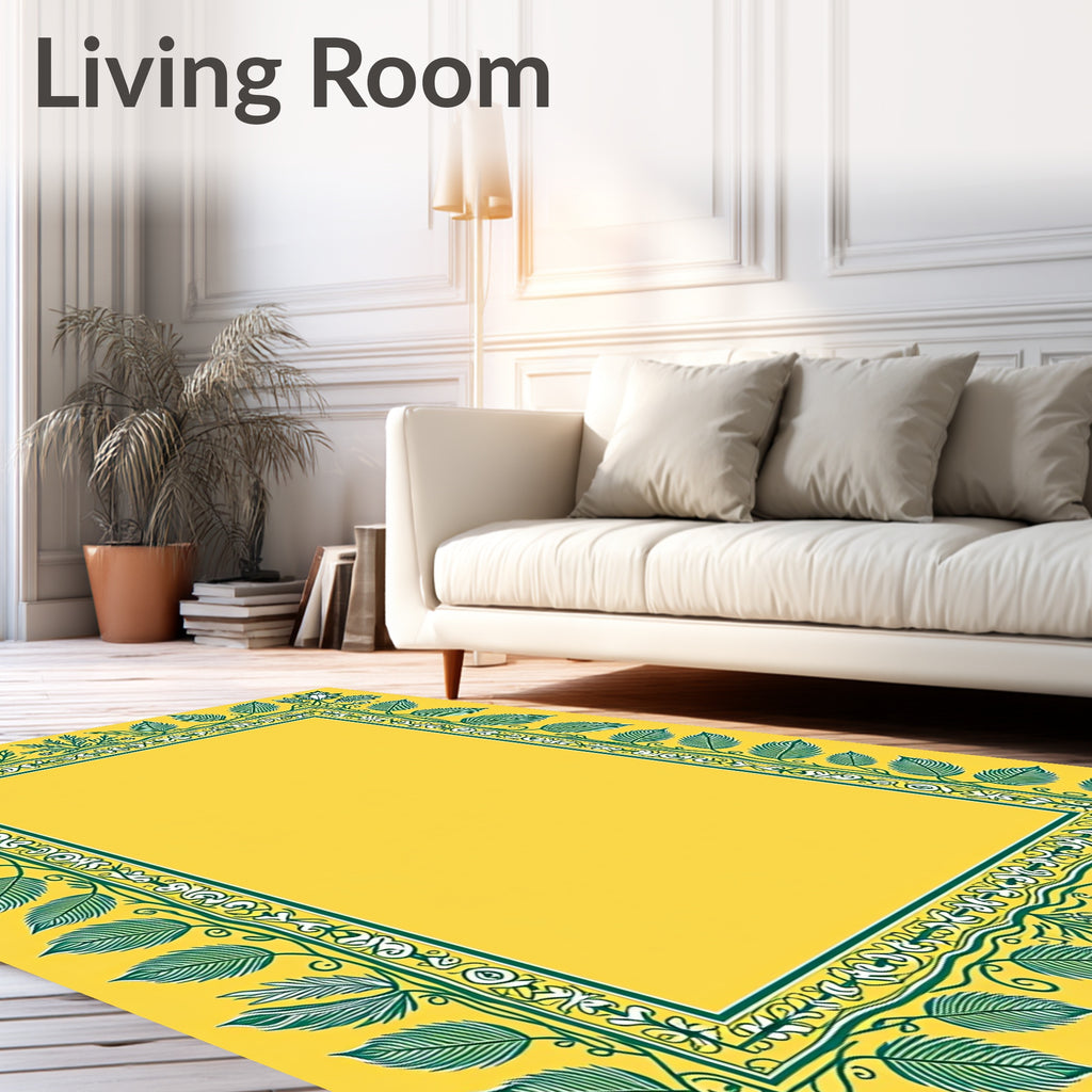 Golden Yellow Green Leaf Border Rug