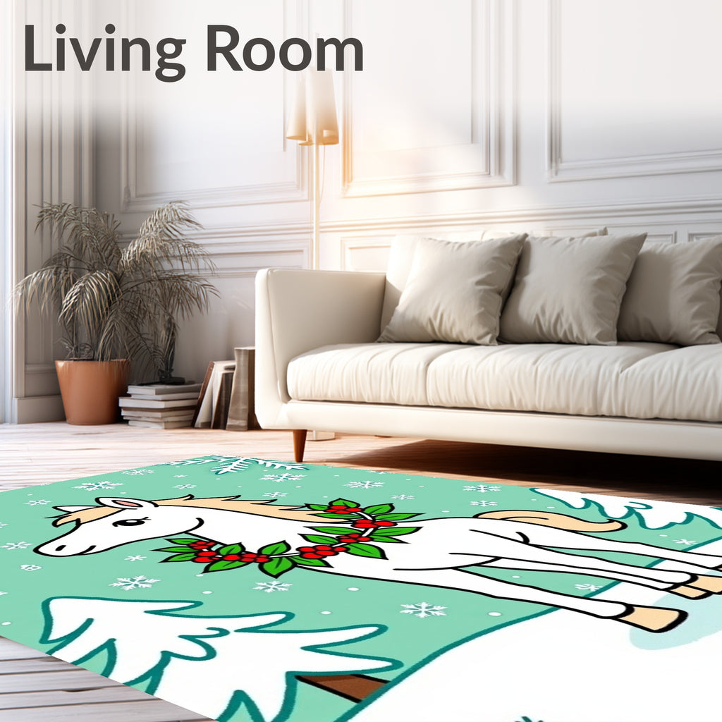Cute White Horse Winter Holly Wreath Rug