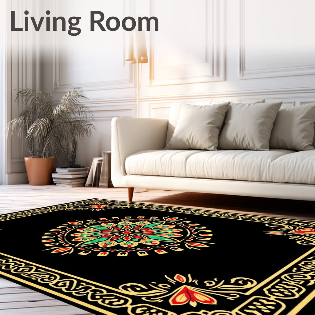 Vibrant Red Green Golden Mandala Border Rug