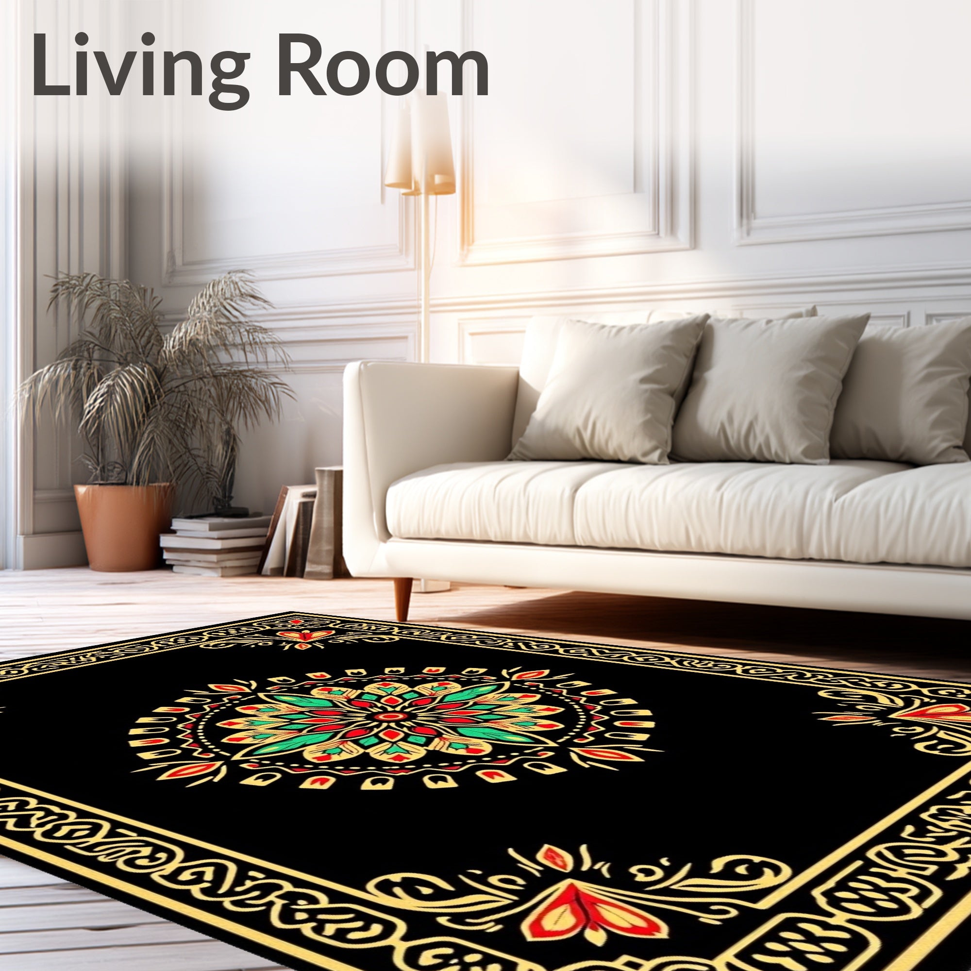 Vibrant Red Green Golden Mandala Border Rug