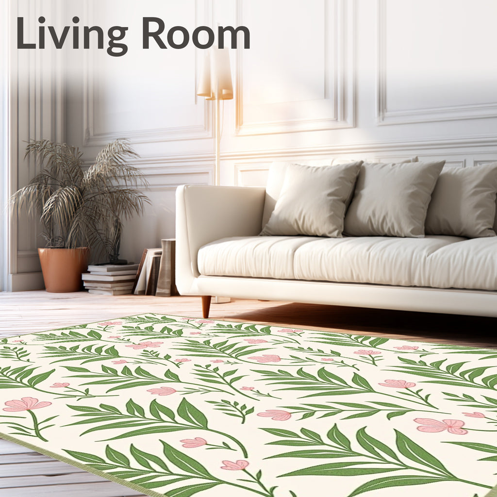 Cream Pink Floral Leafy Branch Arrangement Rug