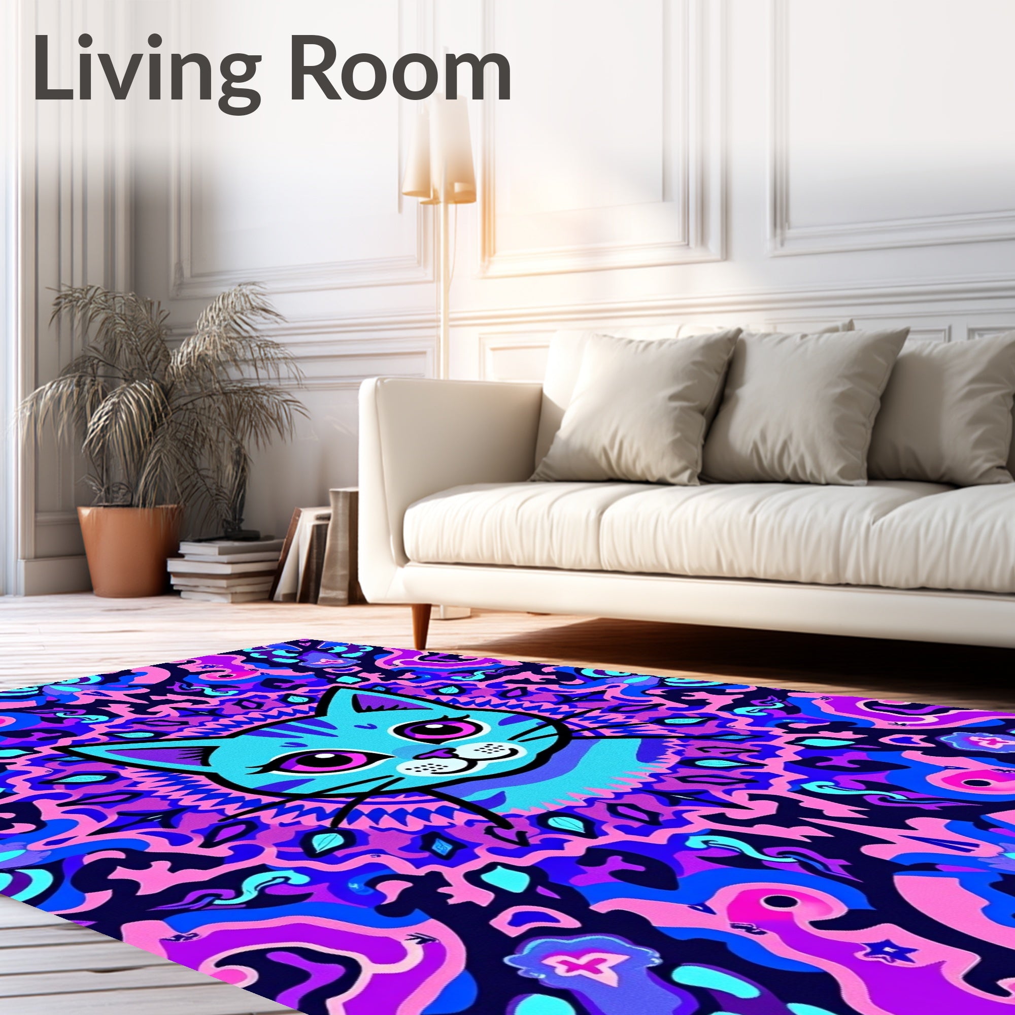 Psychedelic Blue Cat Mandala Vibrant Rug