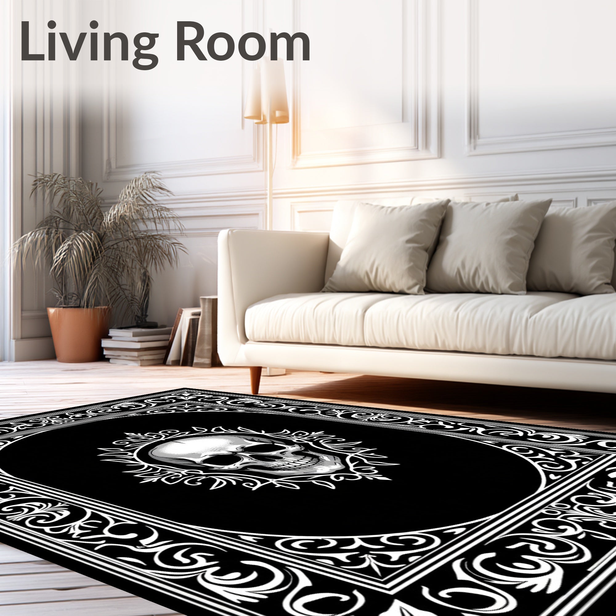 Gothic White Skull Ornate Frame Rug