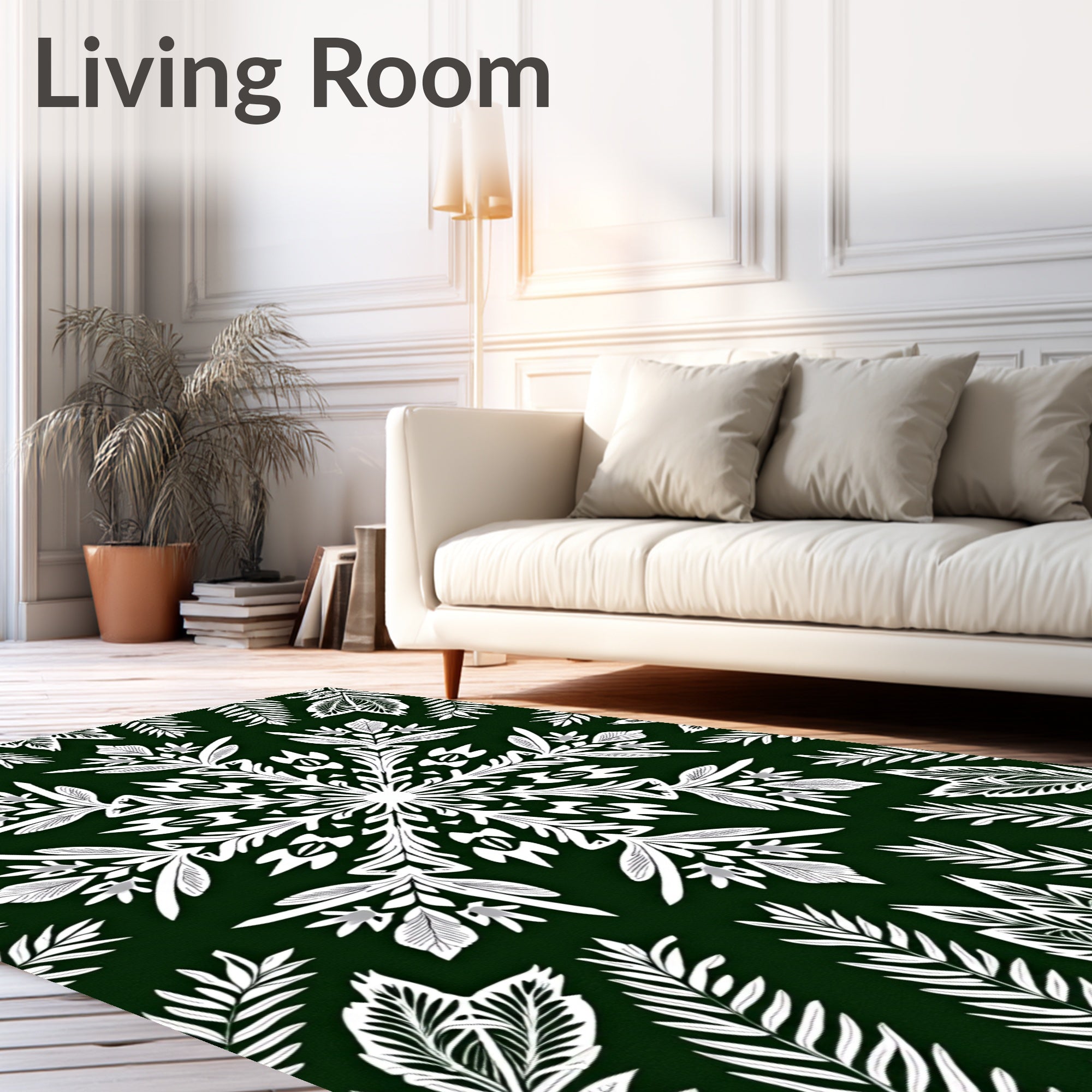 White Fern Mandala Green Rug