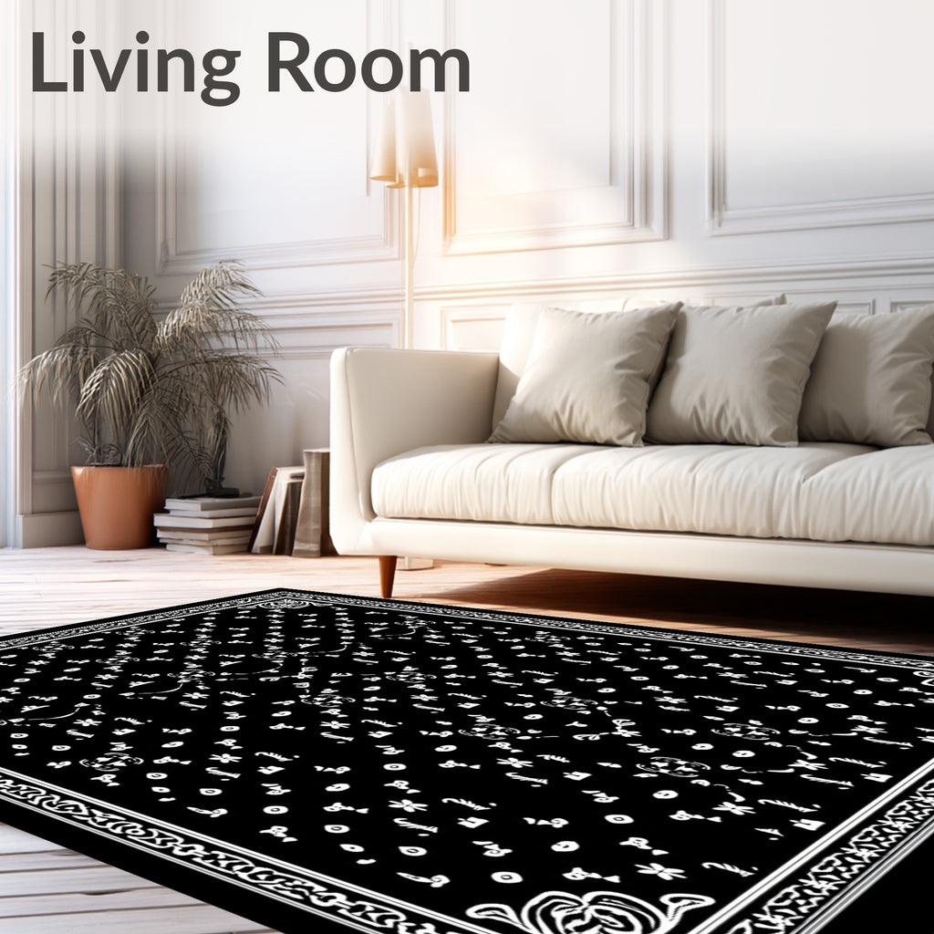 Black White Scattered Floral Border Rug
