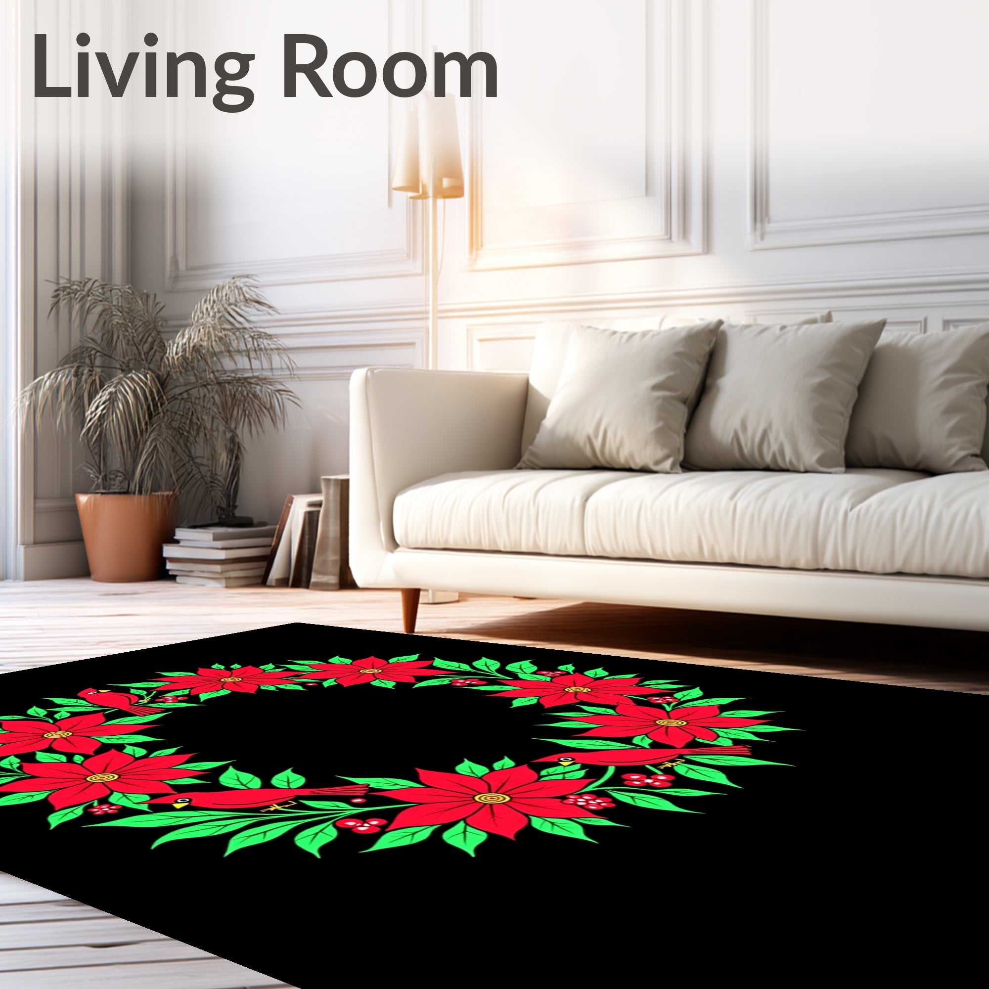 Red Cardinal Poinsettia Wreath Rug