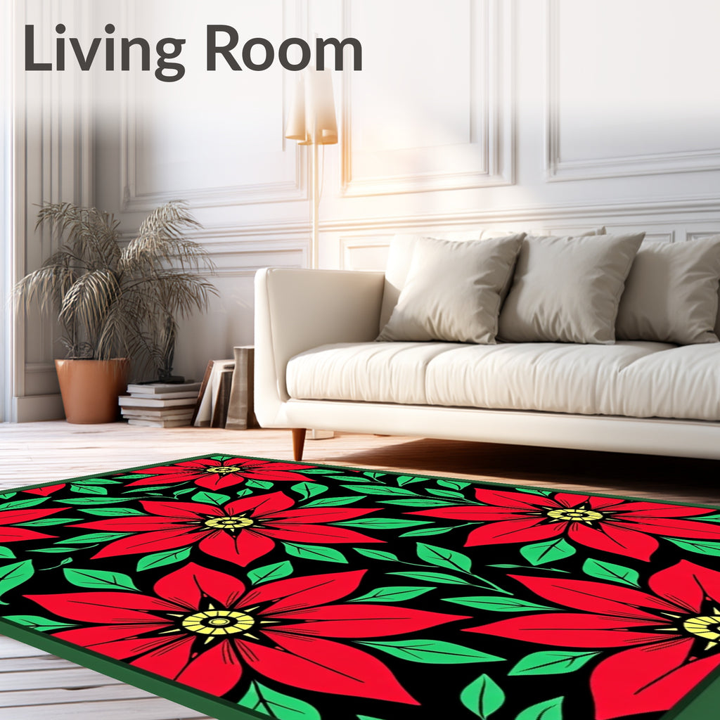 Bold Red Floral Leaf Black Rug