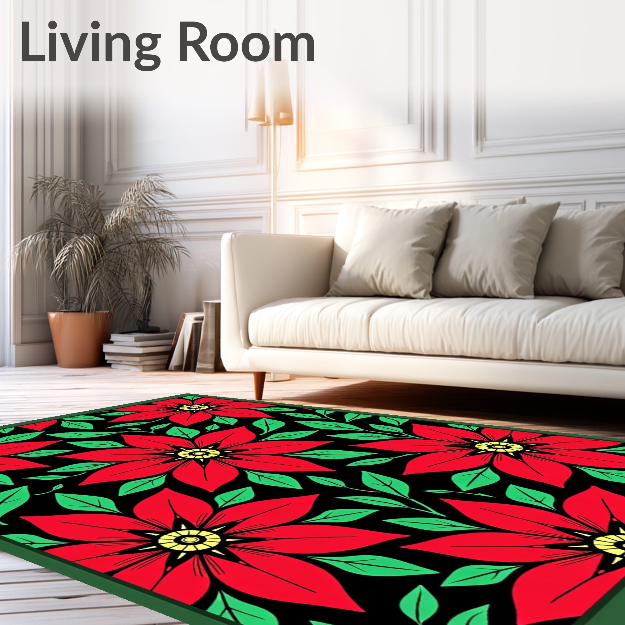 Bold Red Floral Leaf Black Rug