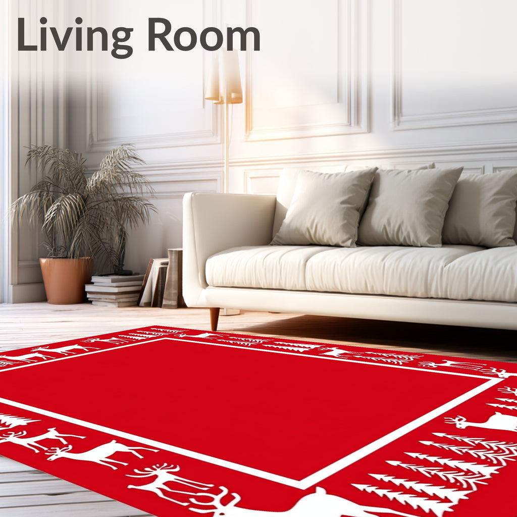 Red White Reindeer Forest Border Rug