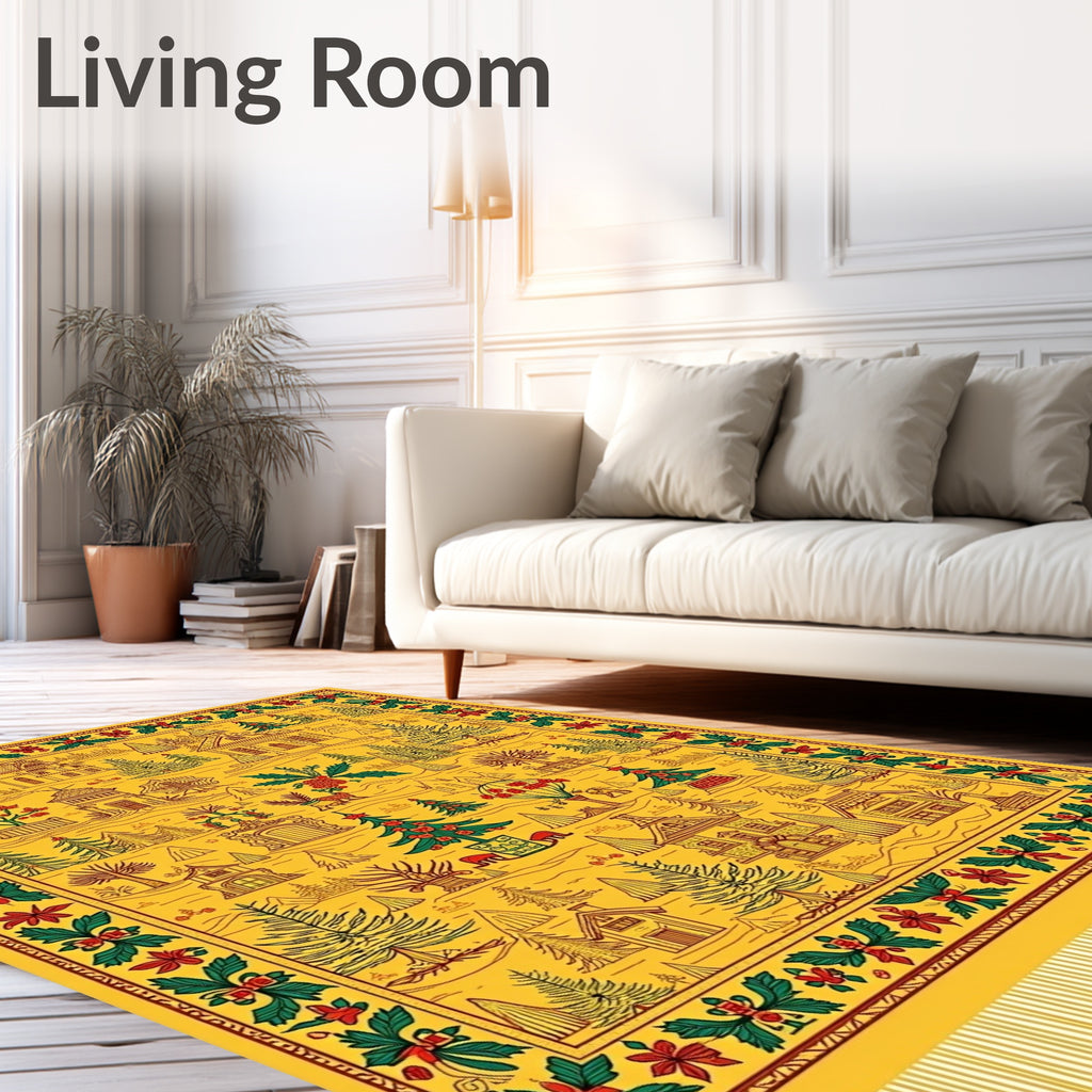 Yellow Winter Village Holly Border Rug