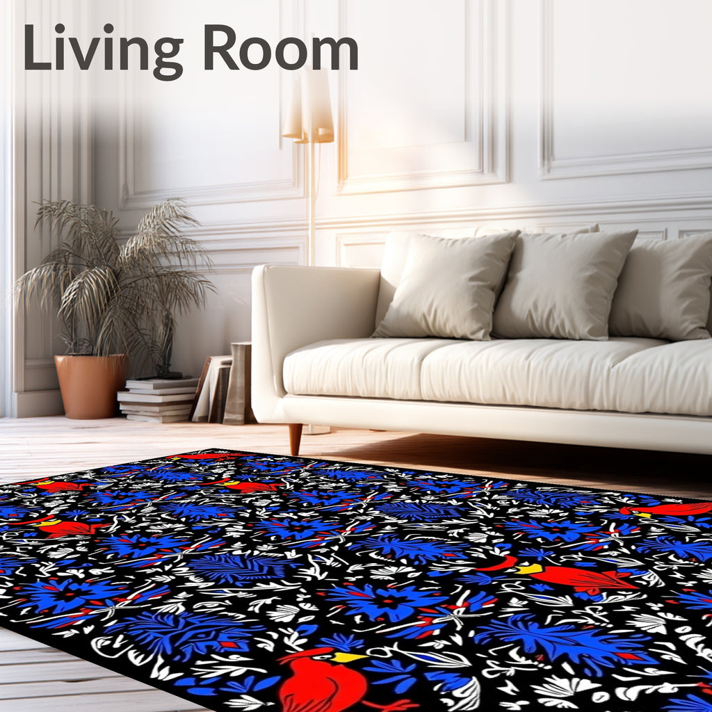 Red Cardinal Blue Floral Symmetry Rug