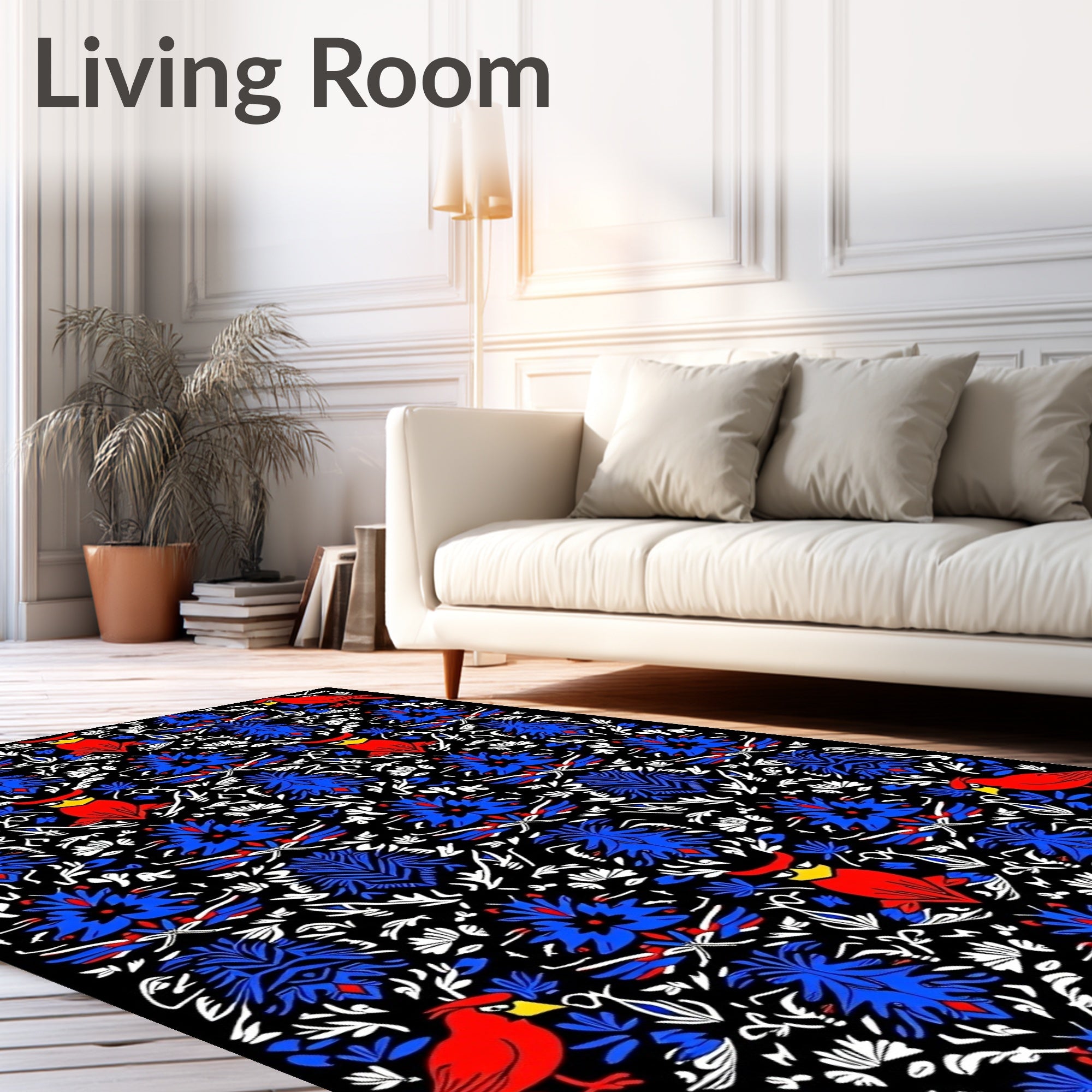 Red Cardinal Blue Floral Symmetry Rug