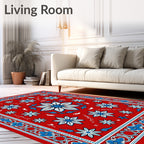 Vibrant Red Blue Floral Medallion Border Rug
