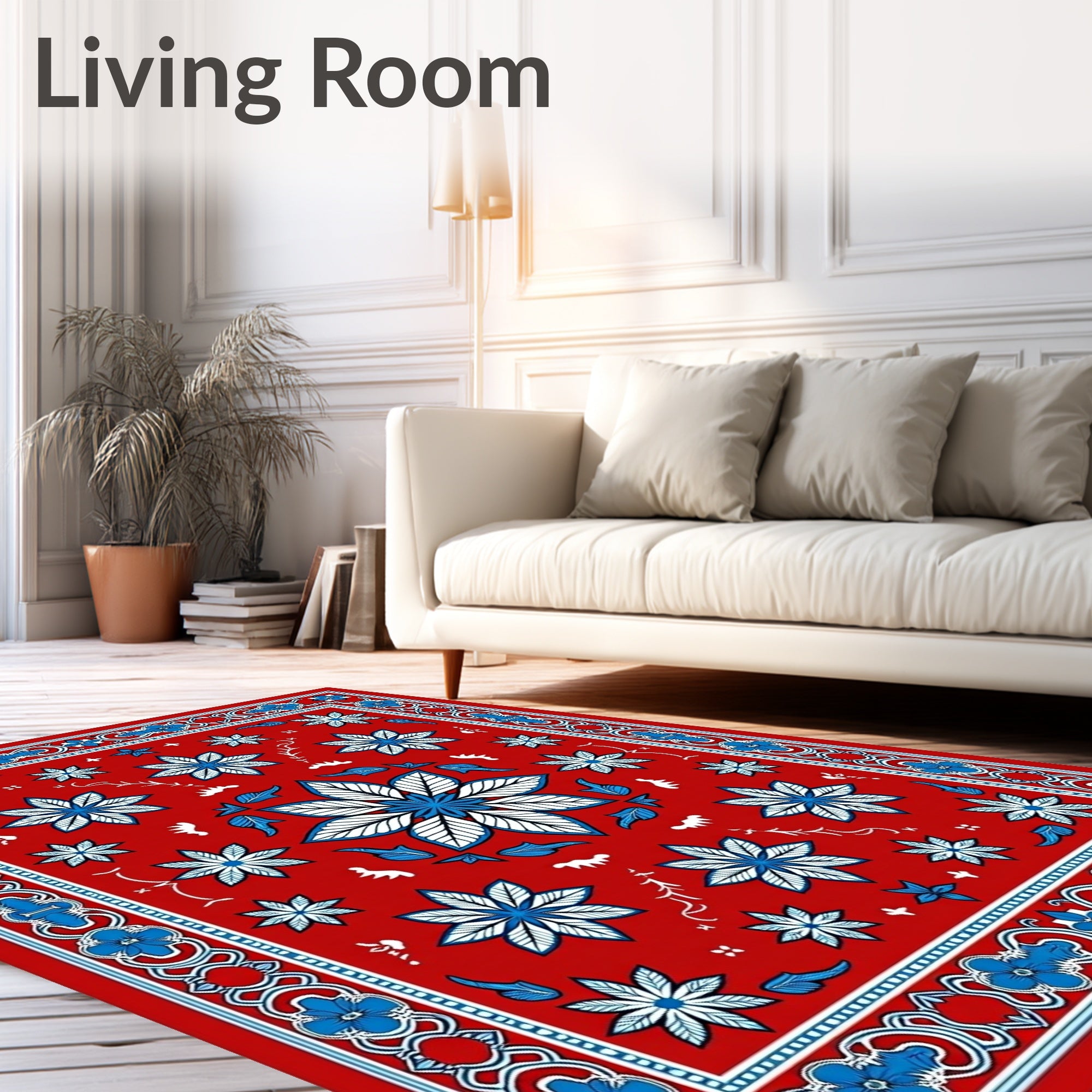 Vibrant Red Blue Floral Medallion Border Rug